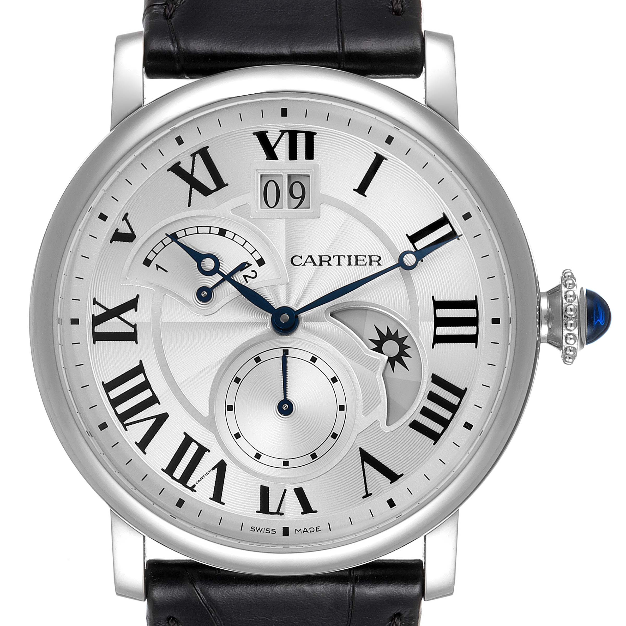 The image shows a frontal view of the face of a Rotonde watch by Cartier, including the dial, hands, and crown.