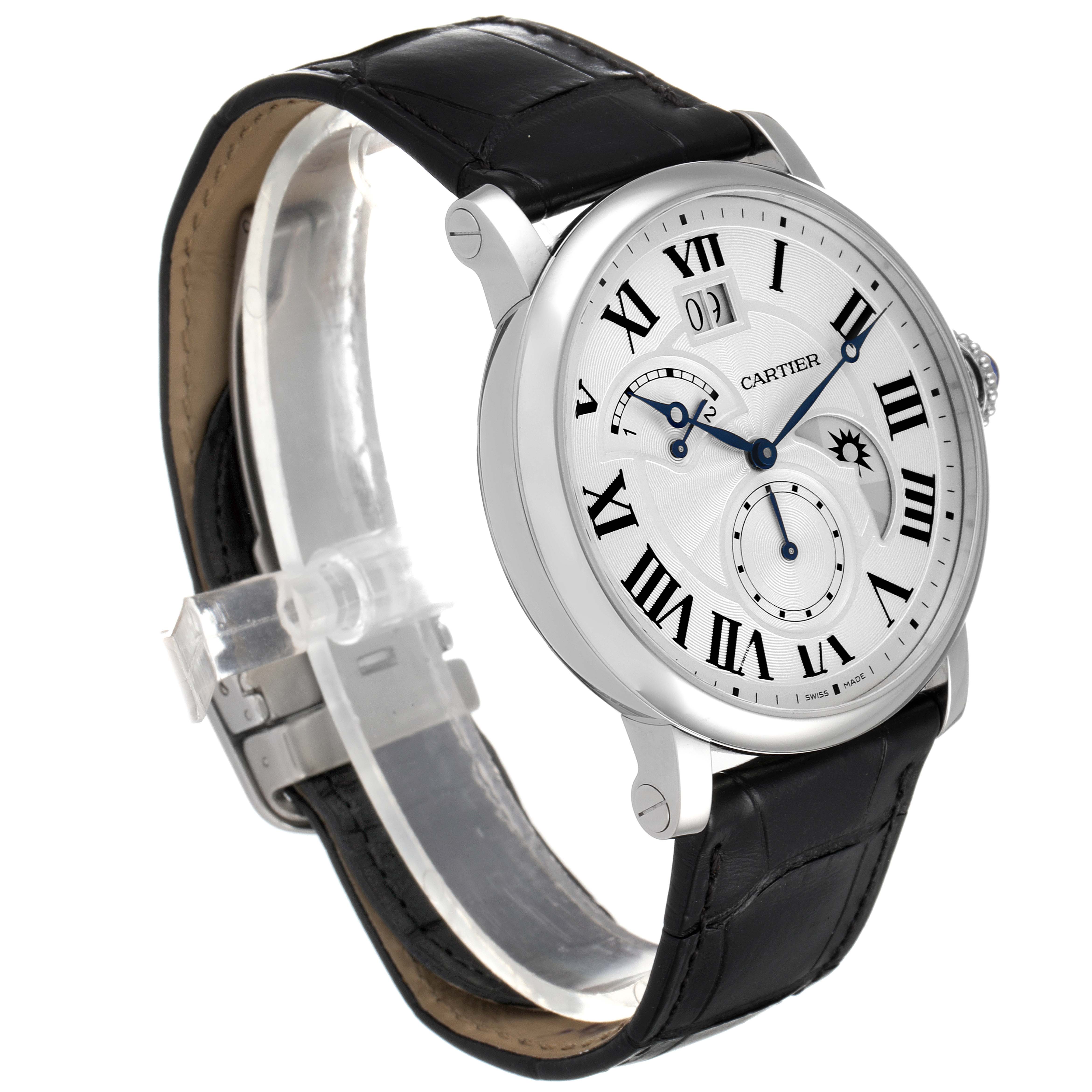 This image shows a side angle view of the Cartier Rotonde W6700255 Men's Stainless Steel Silver Dial W6700255 Men's Stainless Steel Silver Dial watch, featuring its face, case, and part of the leather strap.