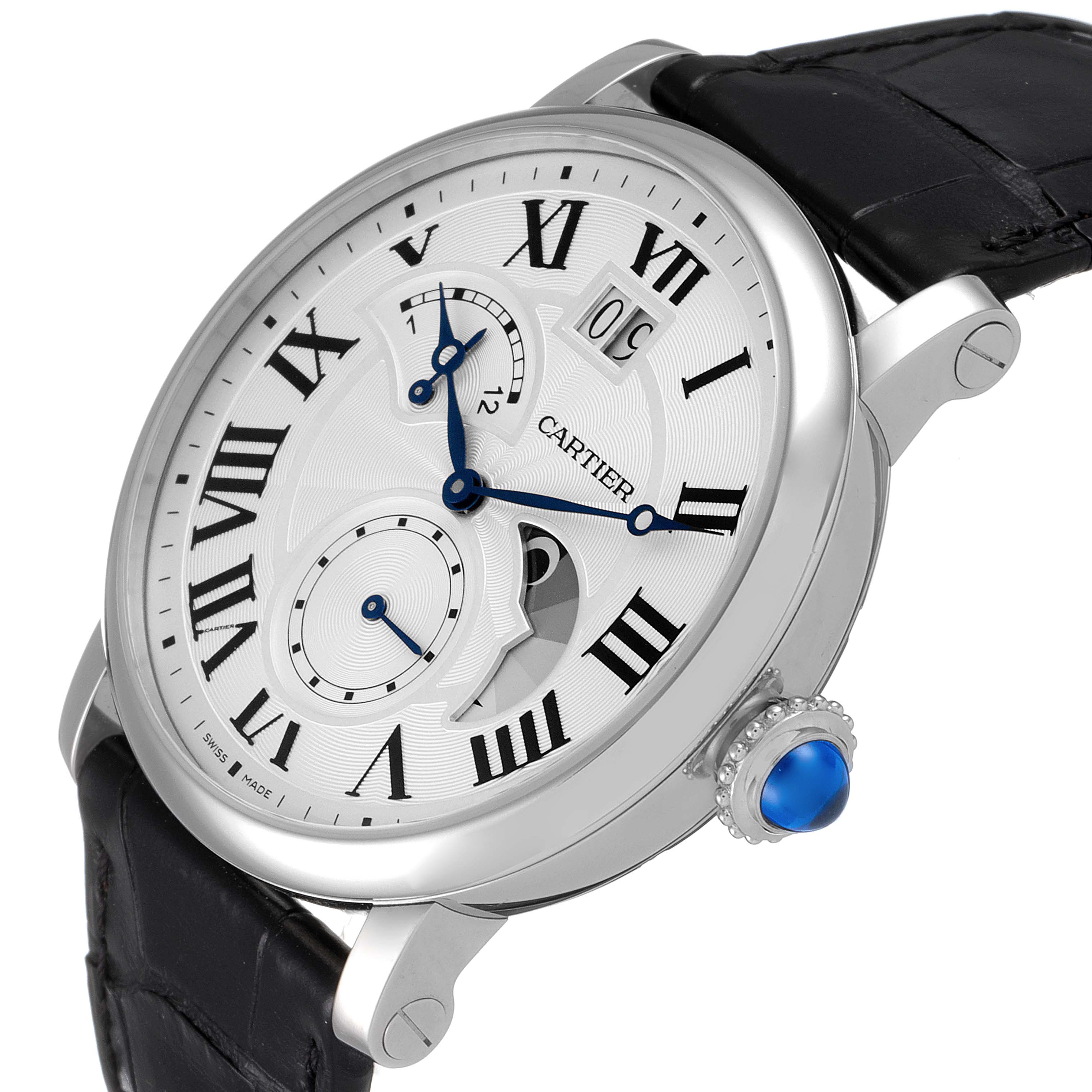 The Rotonde by Cartier watch is shown at a slight angle, featuring its face, crown, and part of the leather strap.
