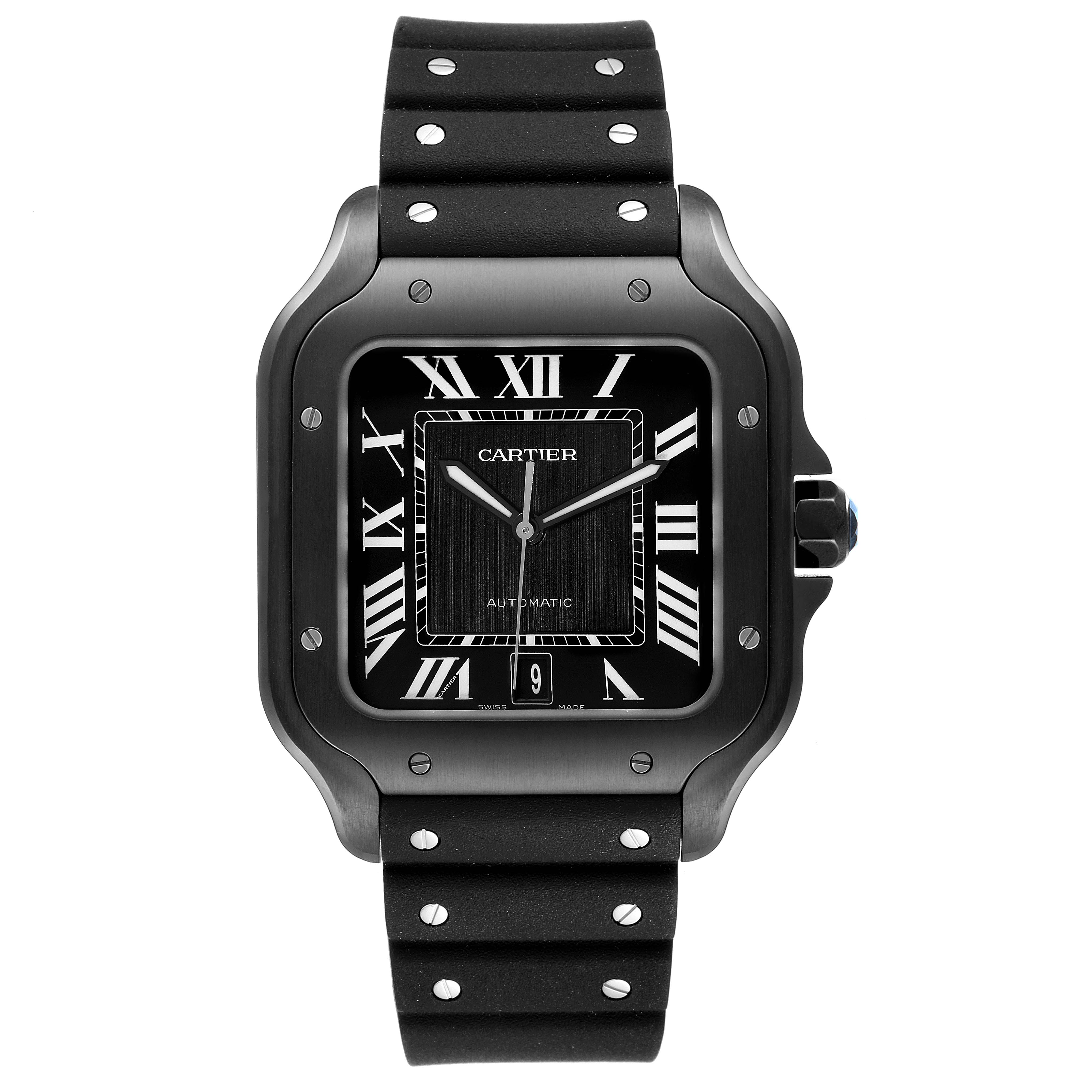 The image shows a front view of a Cartier Santos WSSA0039 Men's Stainless Steel Black Dial WSSA0039 Men's Stainless Steel Black Dial watch with a black case, Roman numeral dial, and a black rubber strap.