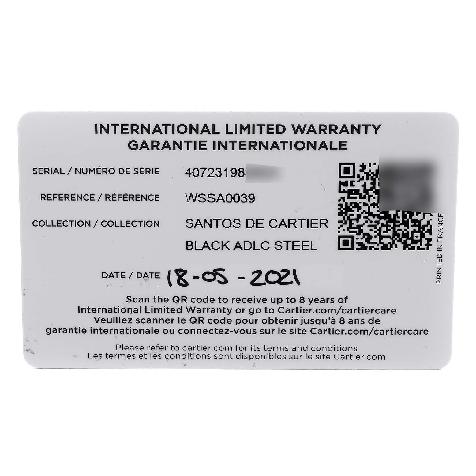 The image shows the international limited warranty card for the Santos de Cartier watch, dated 18-05-2021.
