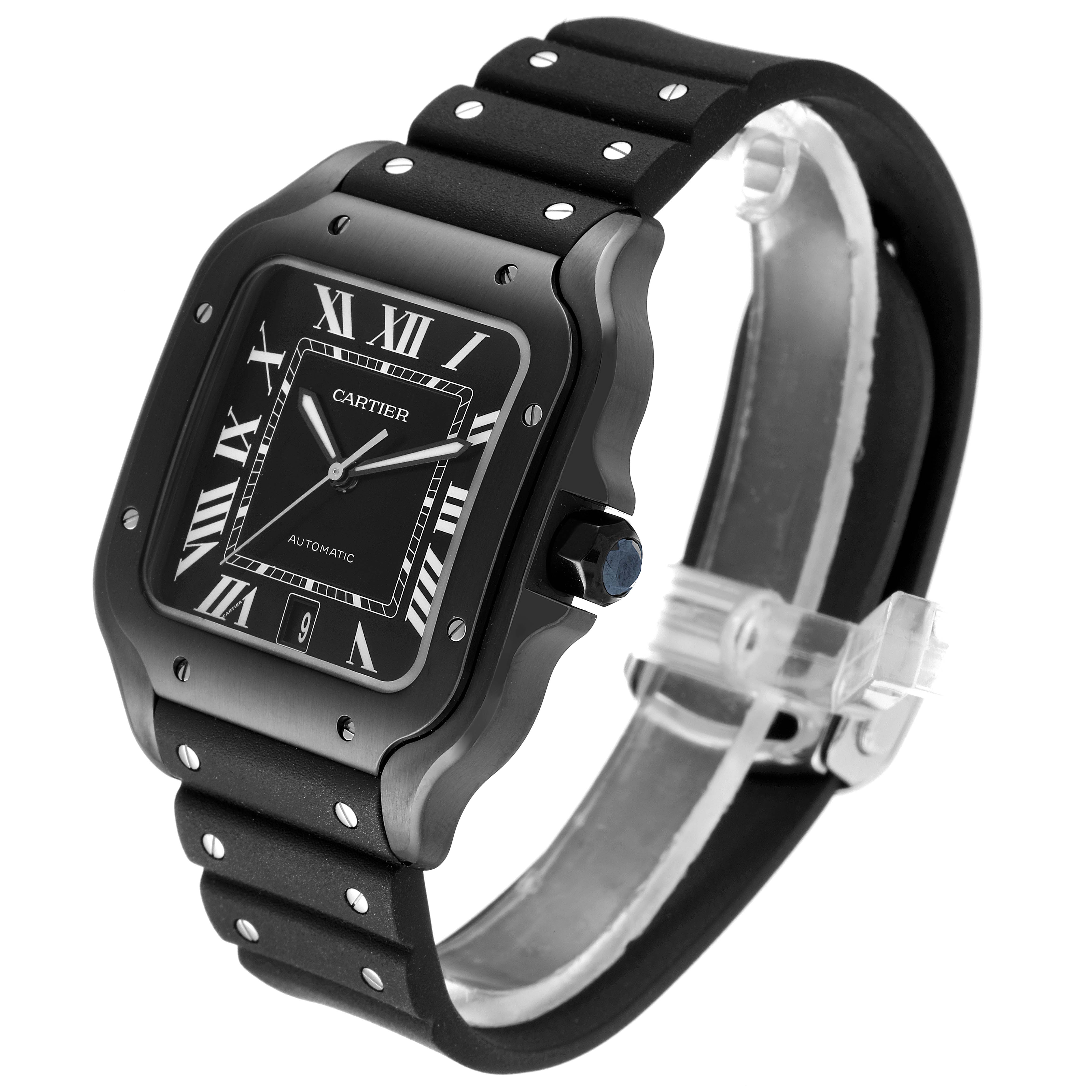 The image shows a Cartier Santos WSSA0039 Men's Stainless Steel Black Dial WSSA0039 Men's Stainless Steel Black Dial model watch, angled to display the face, case, and part of the strap.