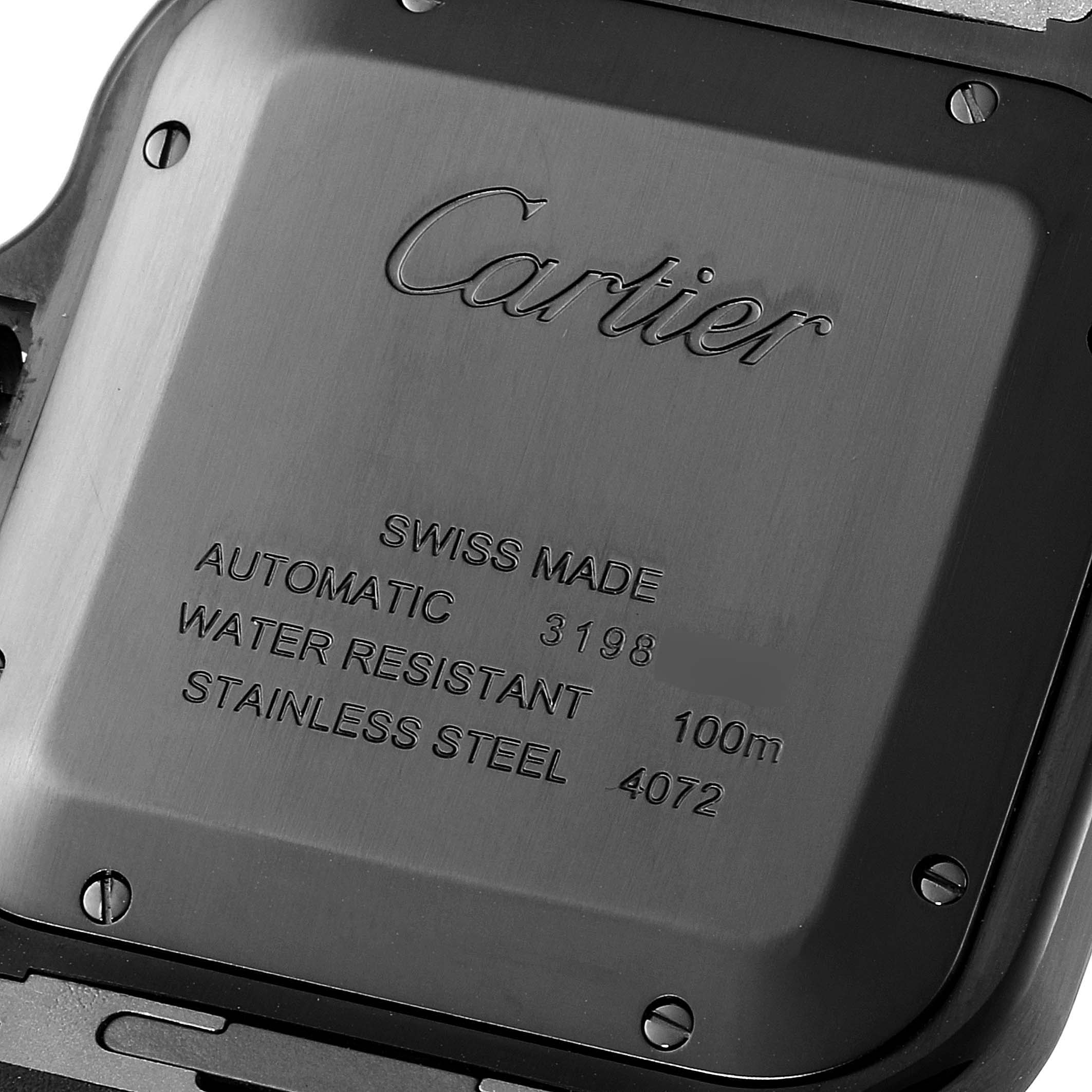 The image shows the back case of a Santos model by Cartier, highlighting details including water resistance and material.