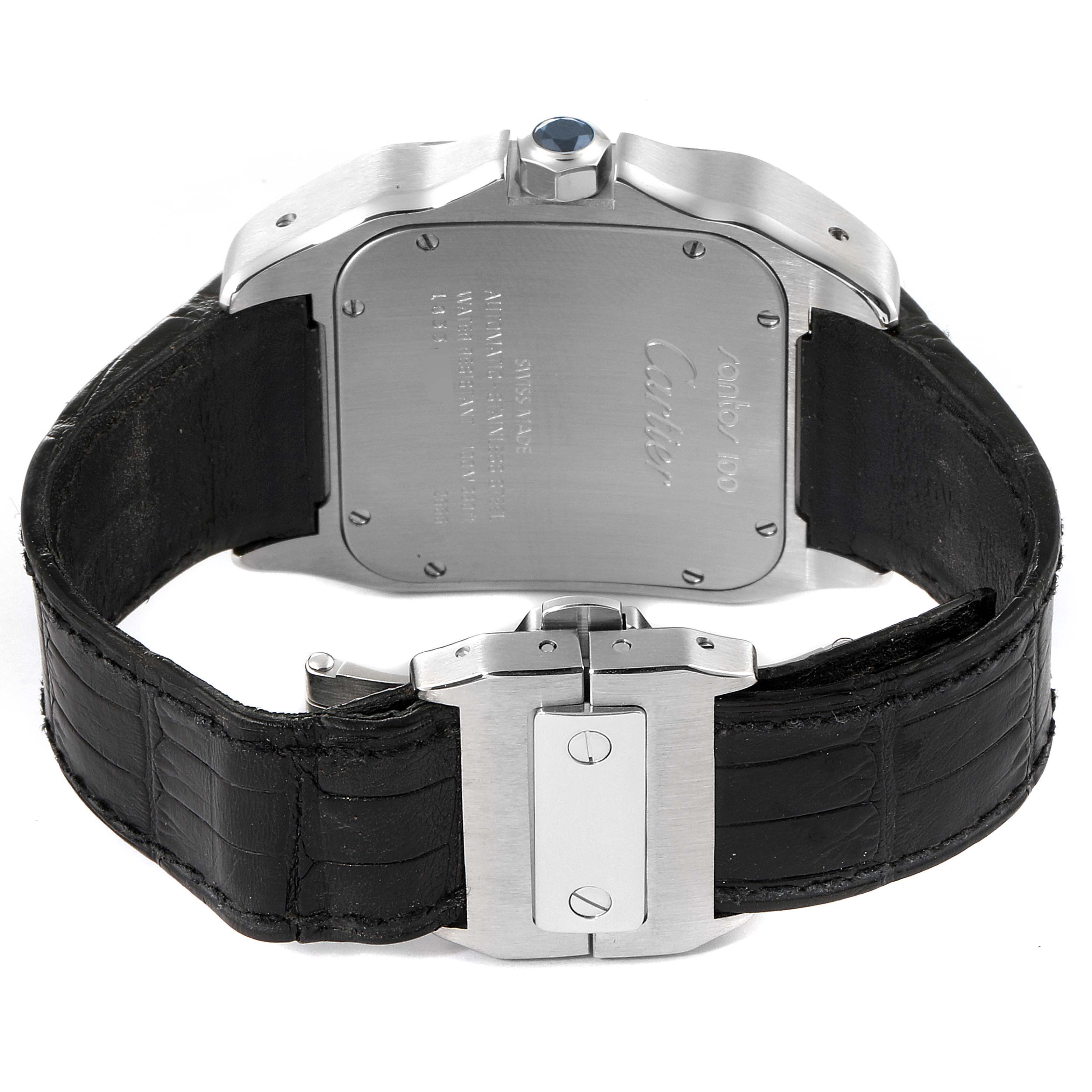 The image shows the back view of a Santos model by Cartier with a focus on the case back and leather strap clasp.
