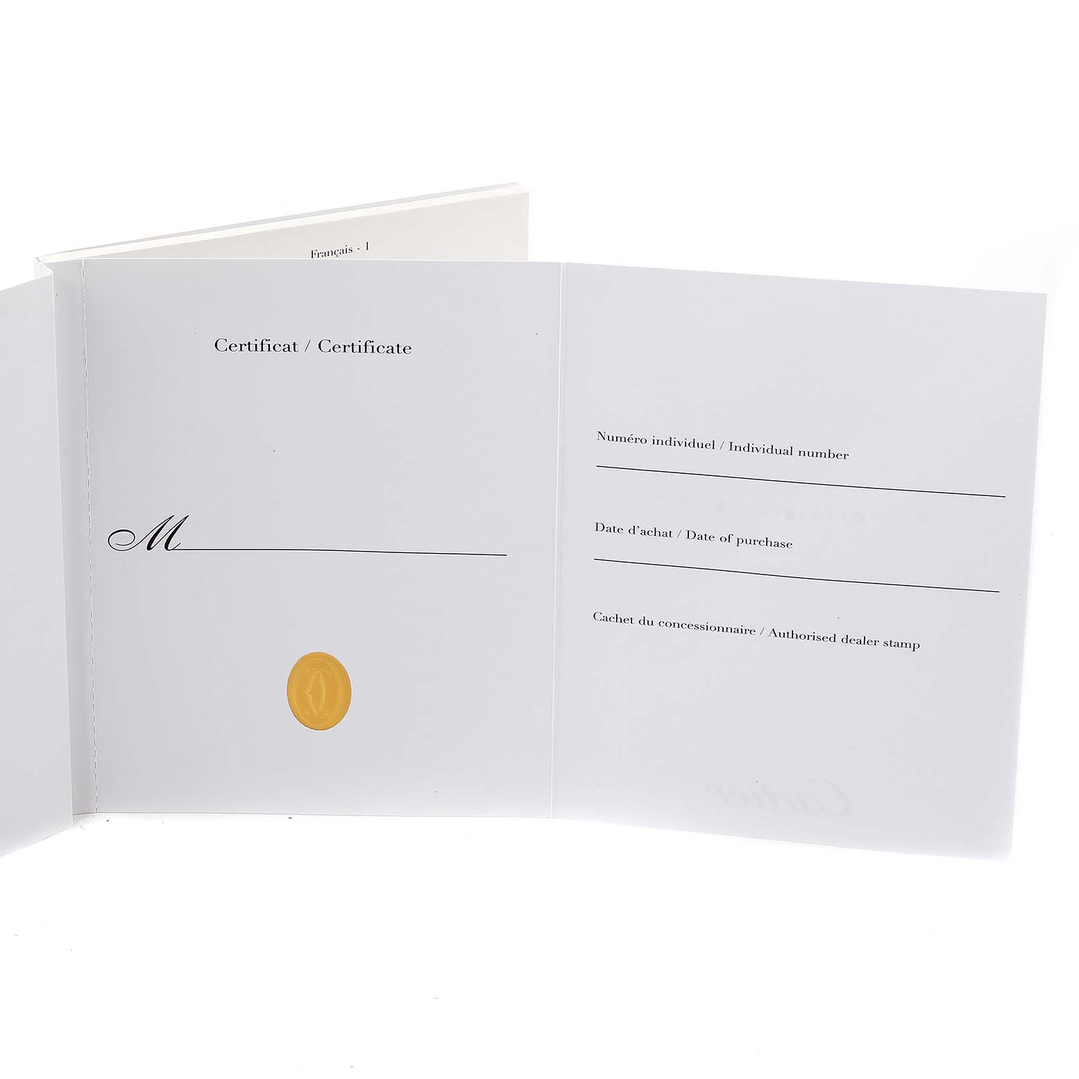 The image shows the open warranty certificate booklet for the Santos model by Cartier.