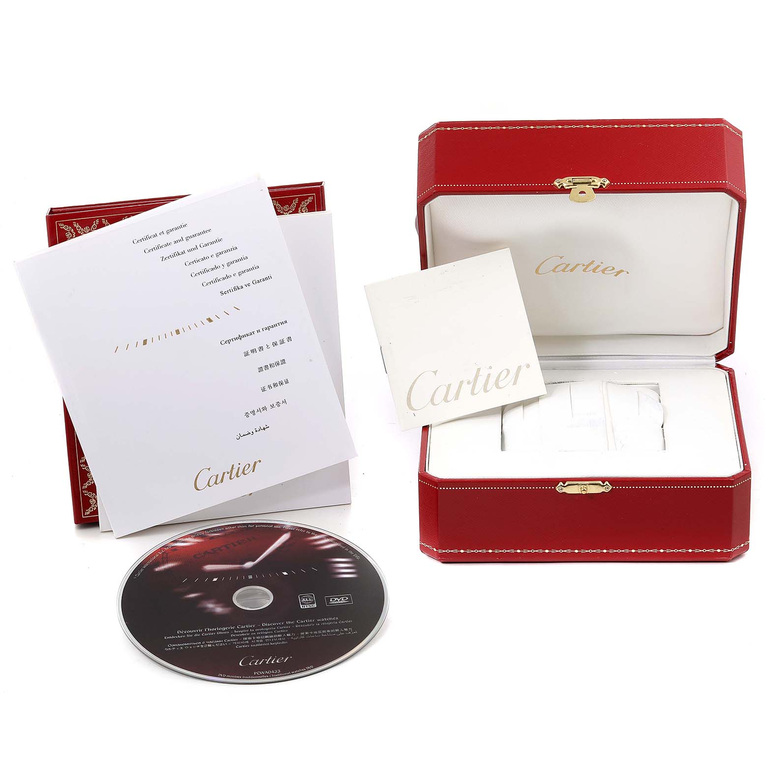 This image shows the packaging, warranty booklet, user manual, and a DVD for the Cartier Santos W20073X8 Men's Stainless Steel Grey Dial W20073X8 Men's Stainless Steel Grey Dial watch model.