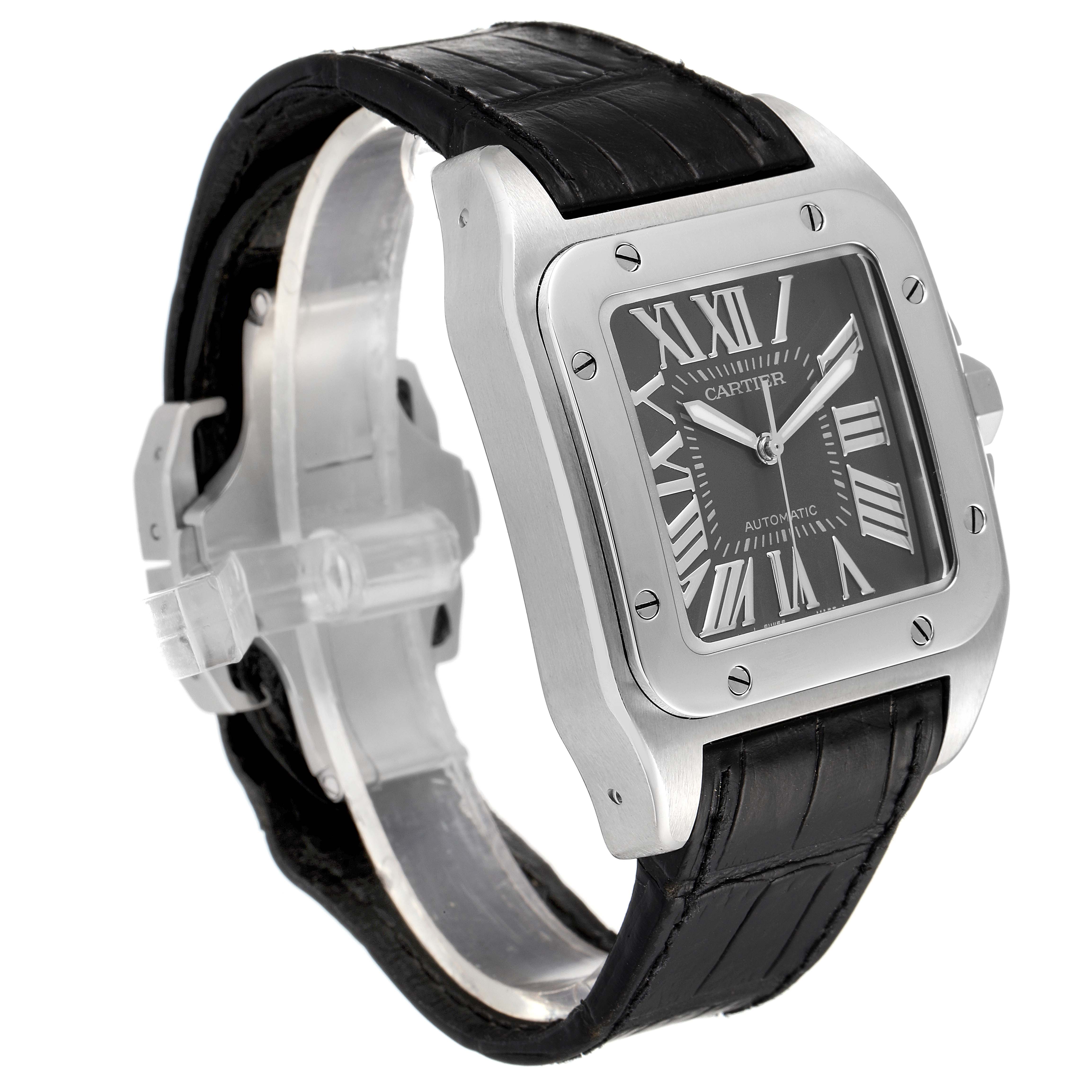 The image shows a Cartier Santos W20073X8 Men's Stainless Steel Grey Dial W20073X8 Men's Stainless Steel Grey Dial watch from a front angled perspective, highlighting the face, bezel, and leather strap.