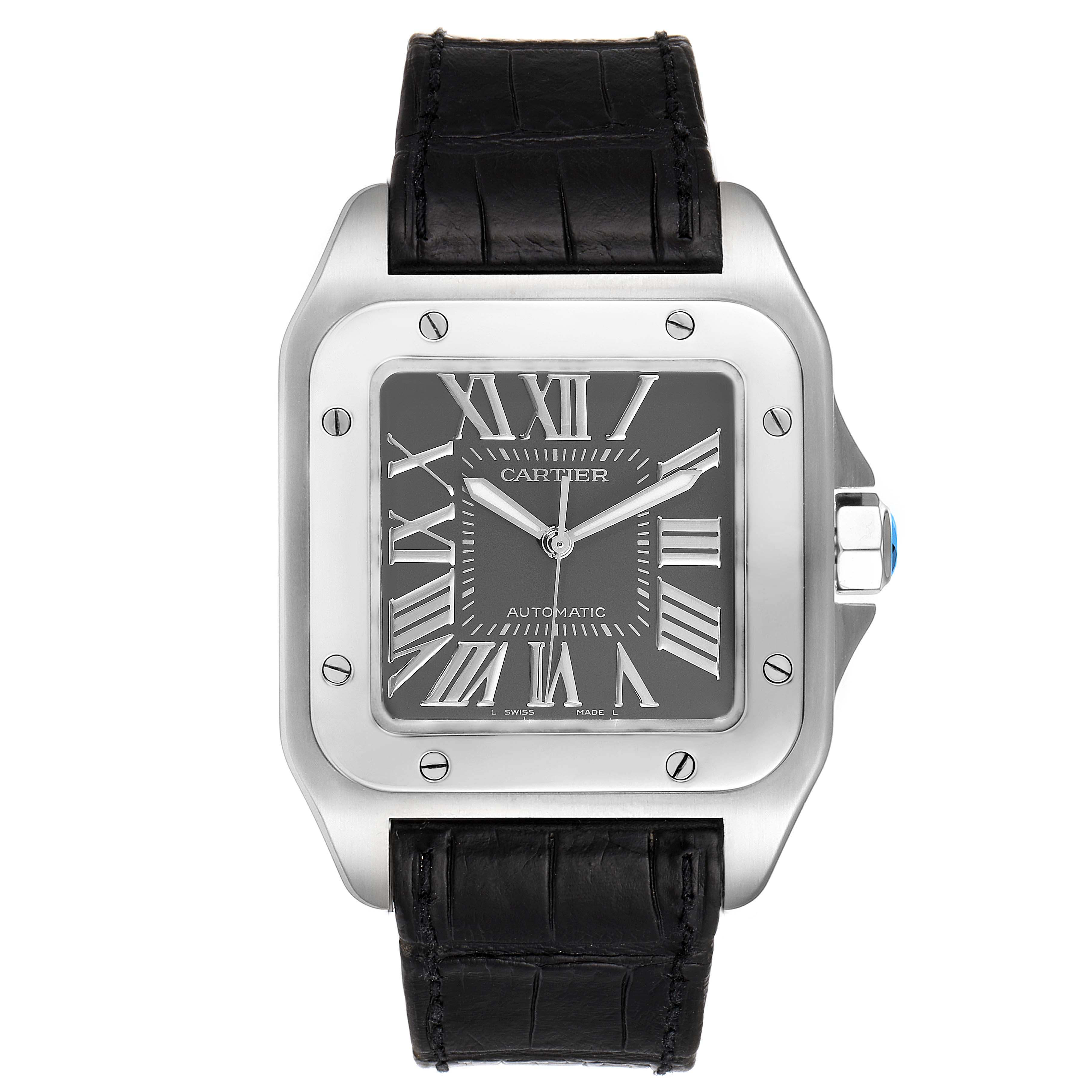 The image shows a front view of the Cartier Santos W20073X8 Men's Stainless Steel Grey Dial W20073X8 Men's Stainless Steel Grey Dial watch, highlighting its face, bezel, and black leather strap.