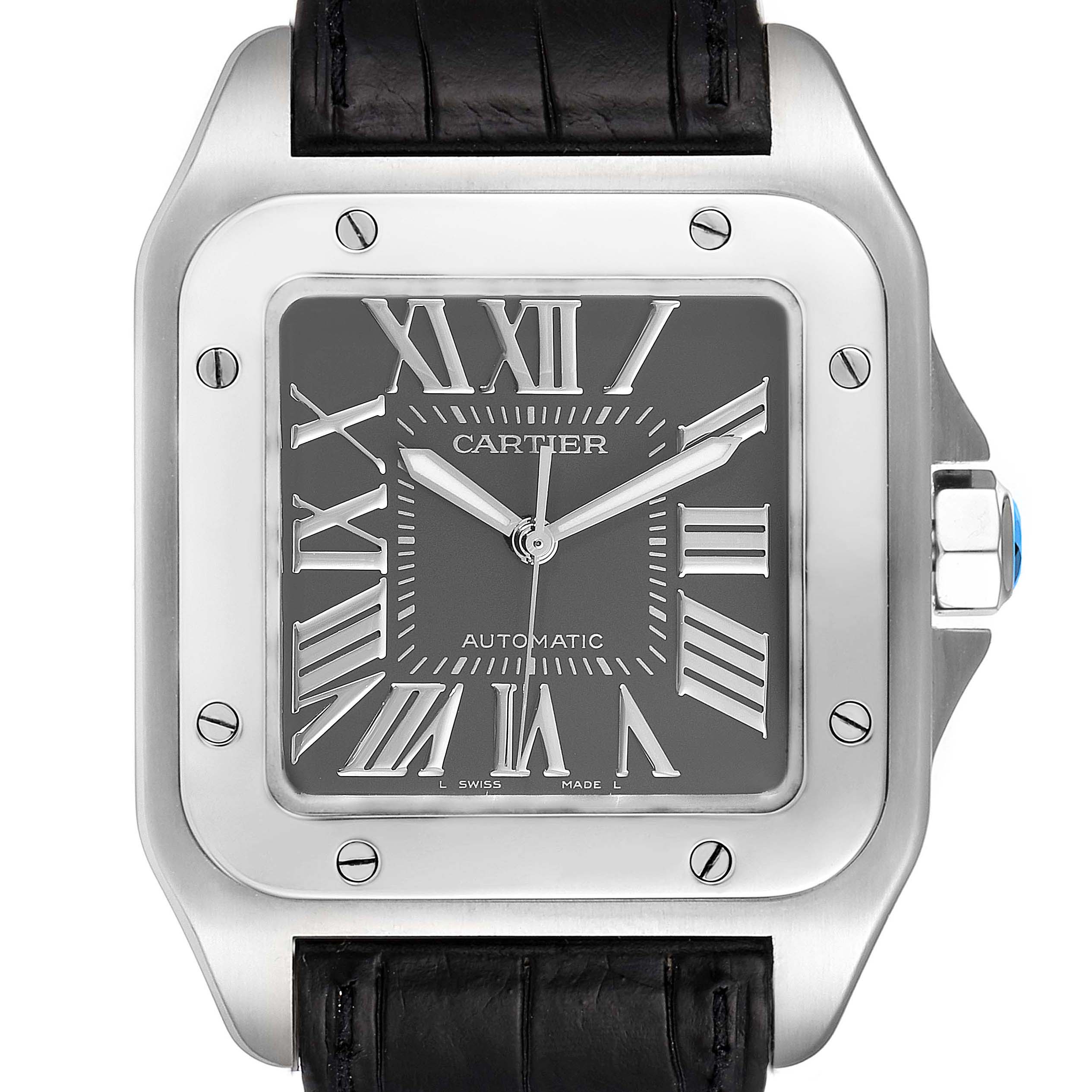 This image shows a front view of the Cartier Santos W20073X8 Men's Stainless Steel Grey Dial W20073X8 Men's Stainless Steel Grey Dial model watch, highlighting its face, Roman numerals, and leather strap.
