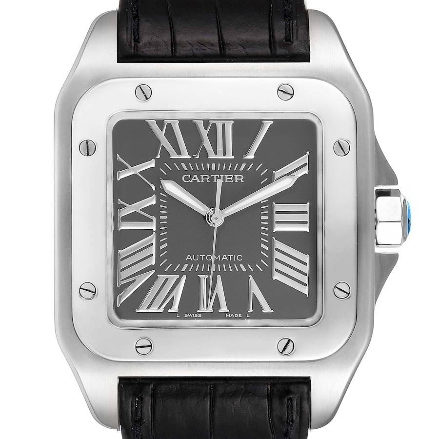 Cartier Santos 100 Gray Dial Black Strap Steel Watch W20073X8 Box Papers SwissWatchExpo