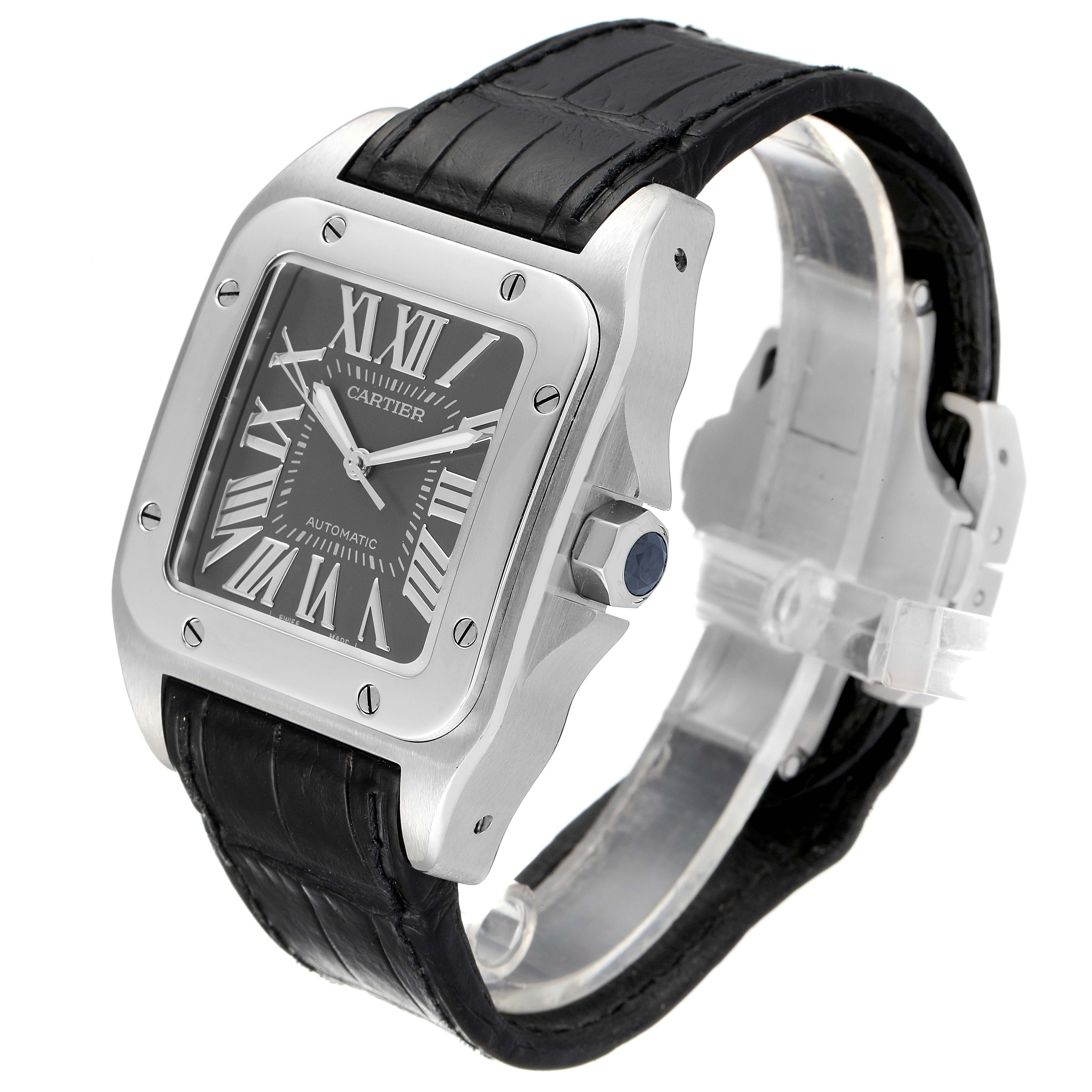 The image shows the Santos model watch by Cartier from a front-side angle, highlighting its face, bezel, and strap.