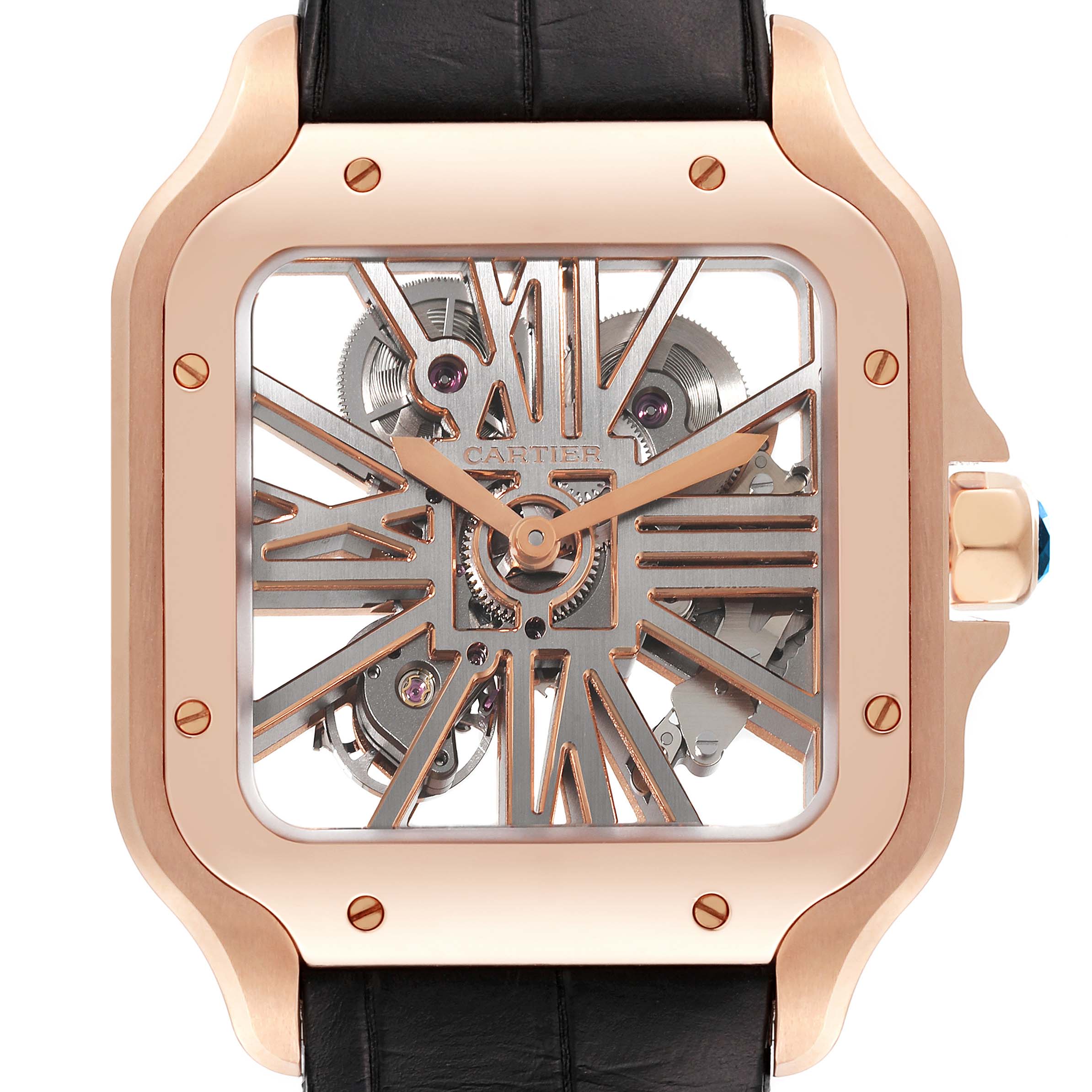 The Cartier Santos WHSA0010 Men's Rose Gold Transparent Dial WHSA0010 Men's Rose Gold Transparent Dial watch is shown from the front, highlighting its skeleton dial, rose gold case, and black leather strap.