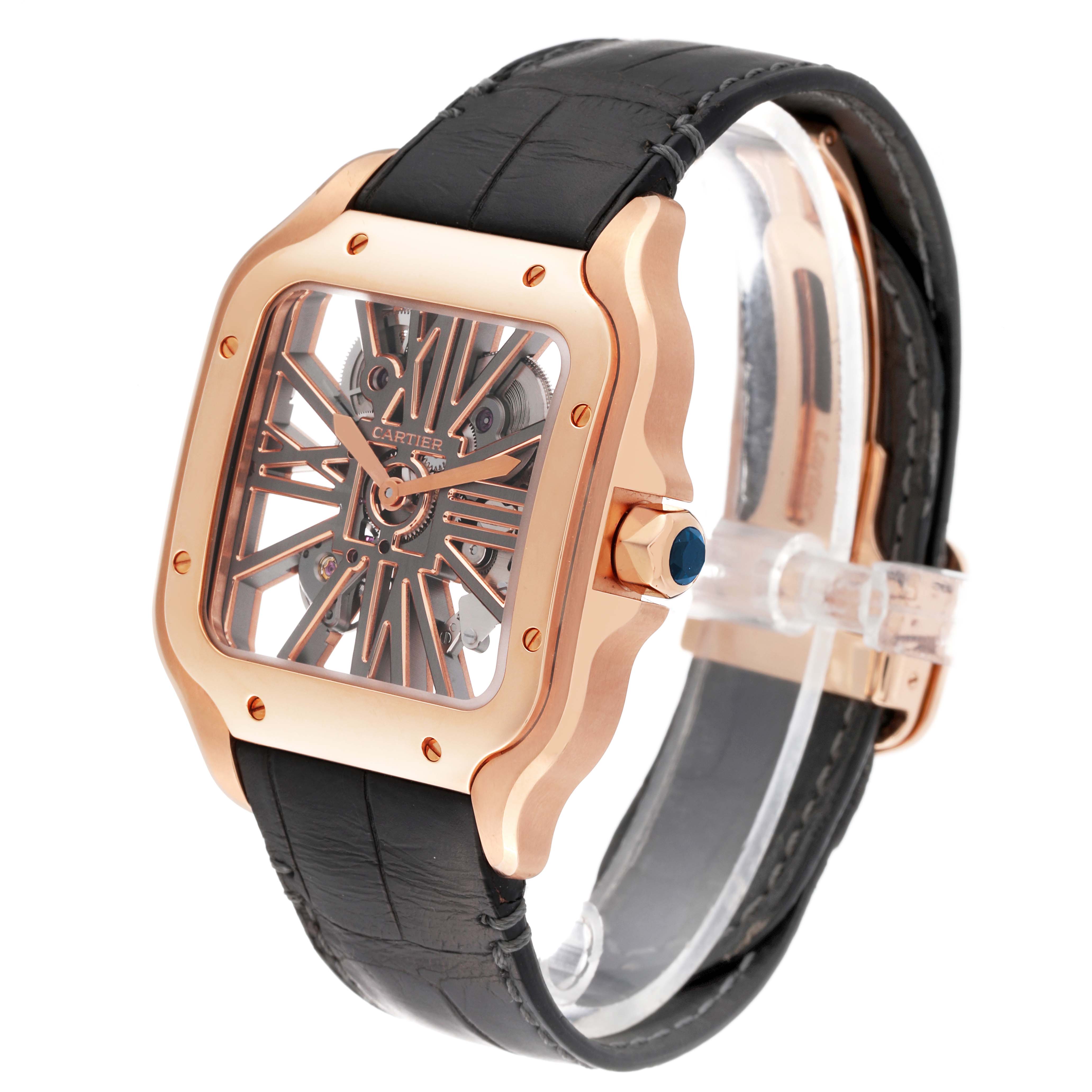 The image shows a Cartier Santos WHSA0010 Men's Rose Gold Transparent Dial WHSA0010 Men's Rose Gold Transparent Dial model watch at a three-quarter angle, highlighting the rose gold case, skeleton dial, and black leather strap.