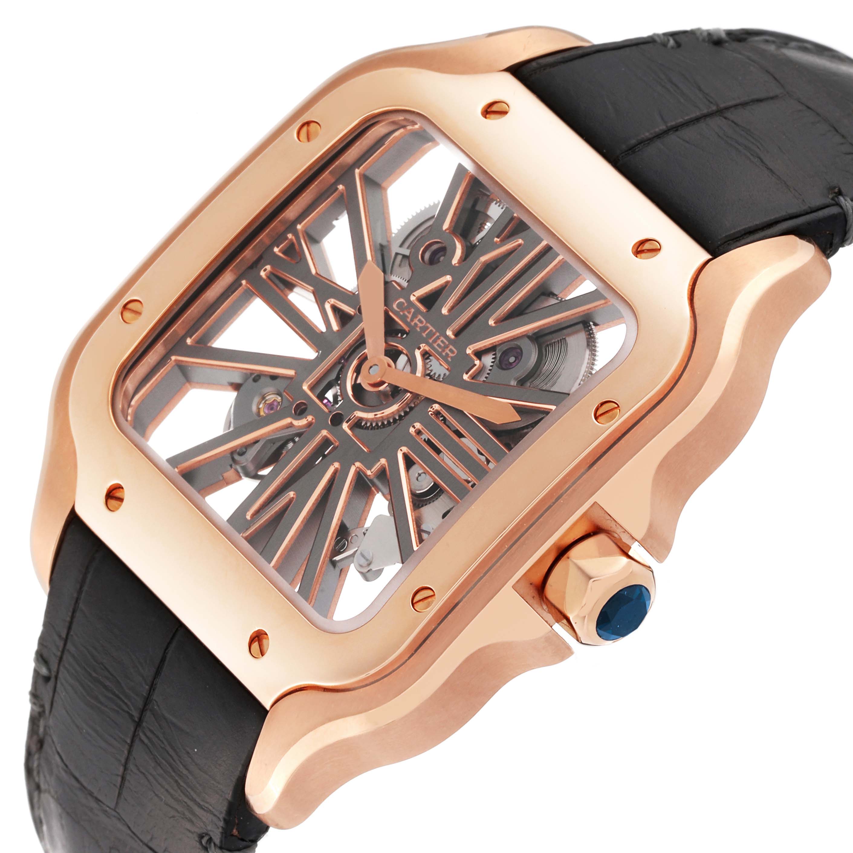This image shows a close-up, angled view of the Cartier Santos WHSA0010 Men's Rose Gold Transparent Dial WHSA0010 Men's Rose Gold Transparent Dial watch, highlighting its gold case, skeleton dial, and black strap.
