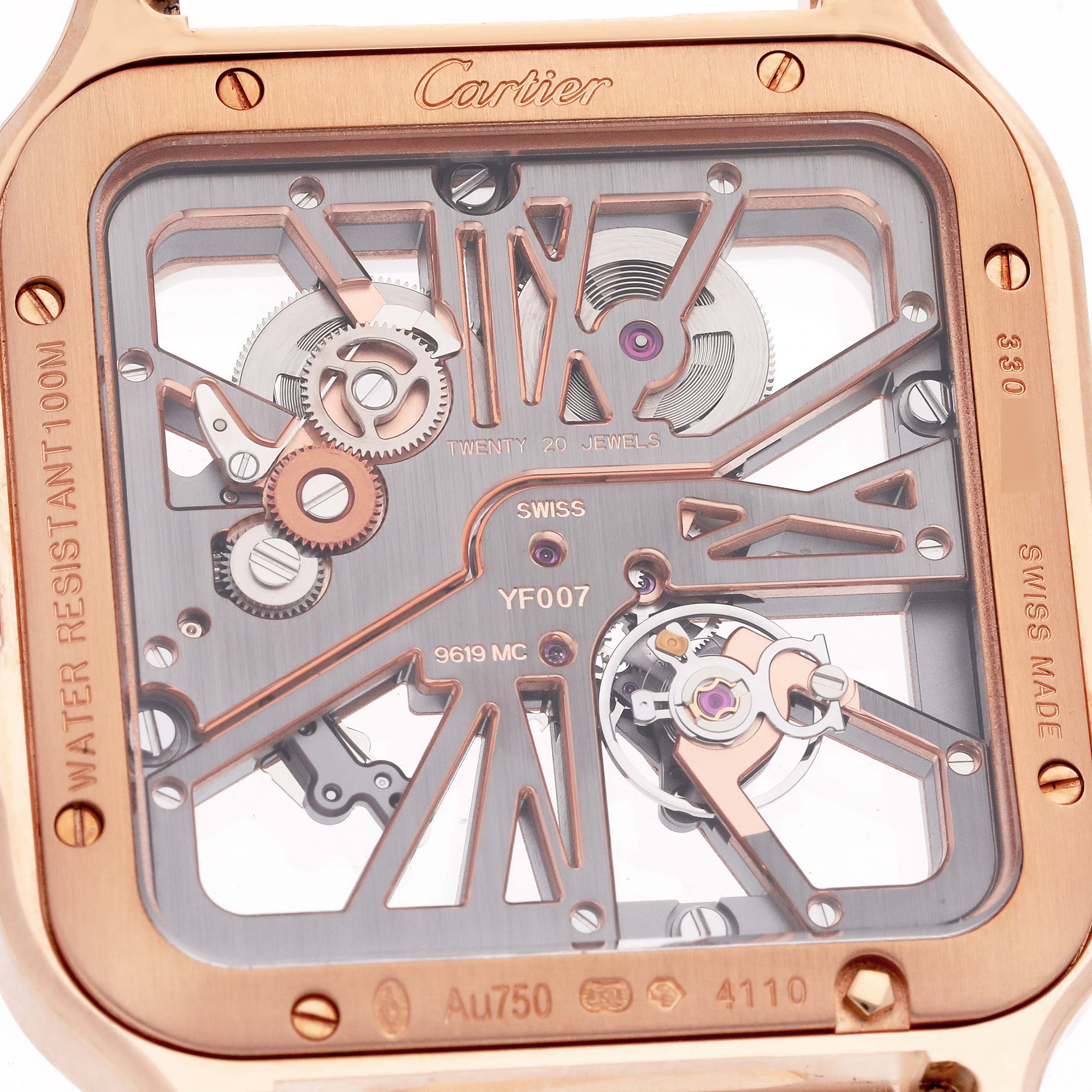 This image shows a detailed close-up of the Cartier Santos WHSA0010 Men's Rose Gold Transparent Dial WHSA0010 Men's Rose Gold Transparent Dial watch's skeletonized dial and movement components.