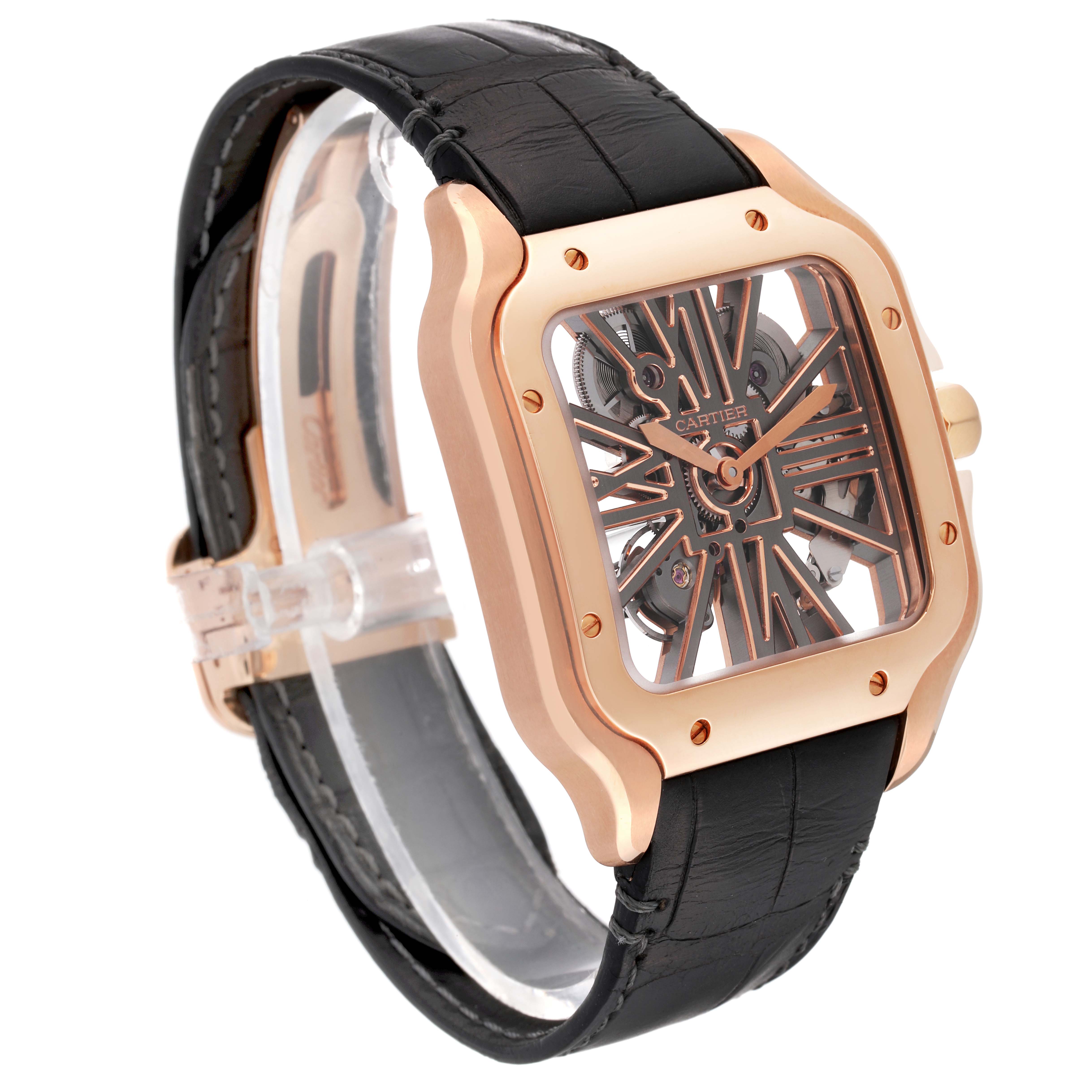 The Cartier Santos WHSA0010 Men's Rose Gold Transparent Dial WHSA0010 Men's Rose Gold Transparent Dial model watch is shown from a front angle, highlighting its skeleton dial, rose gold case, and black leather strap.