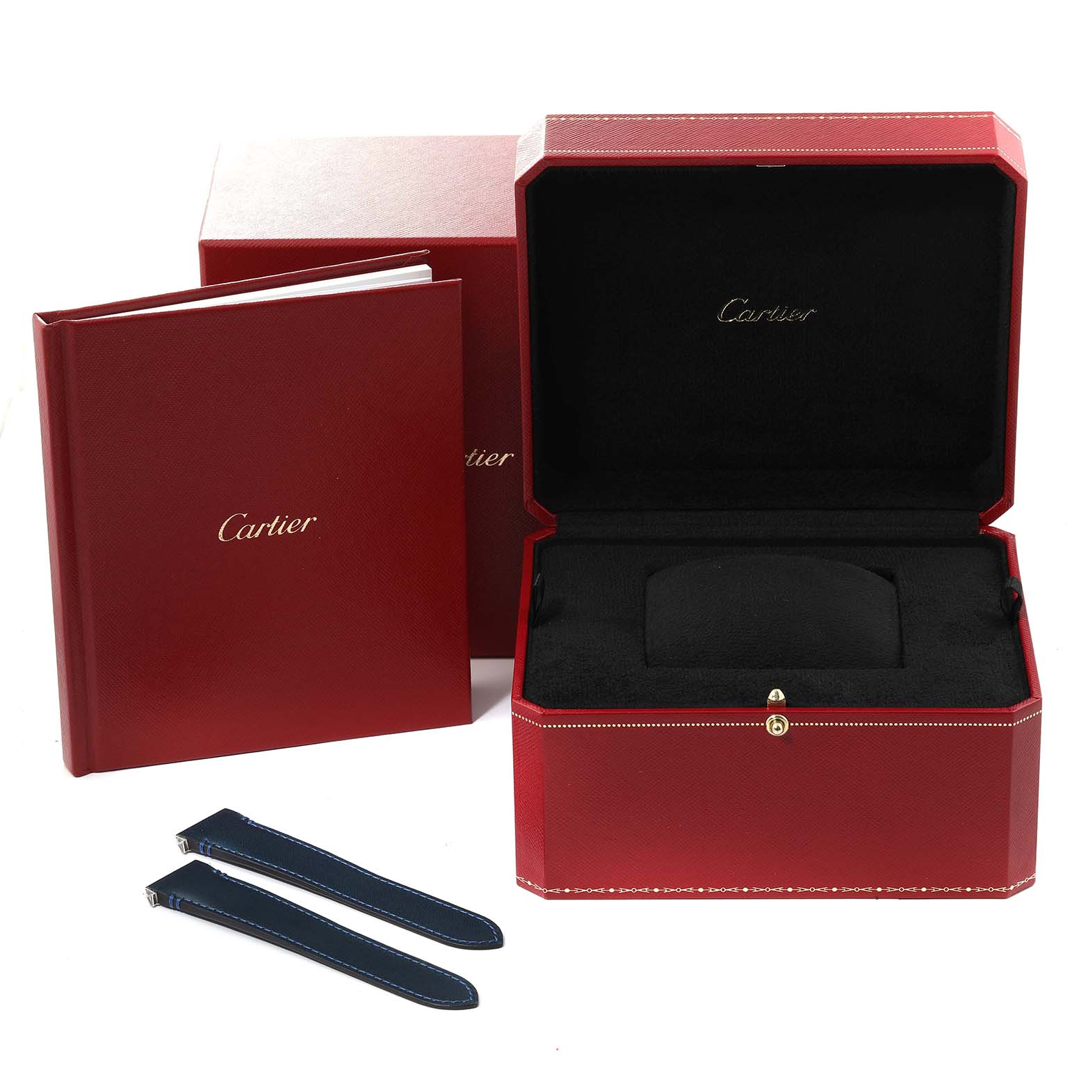 The image shows the red packaging box, a booklet, and two watch straps for the Cartier Santos WHSA0010 Men's Rose Gold Transparent Dial WHSA0010 Men's Rose Gold Transparent Dial model watch.