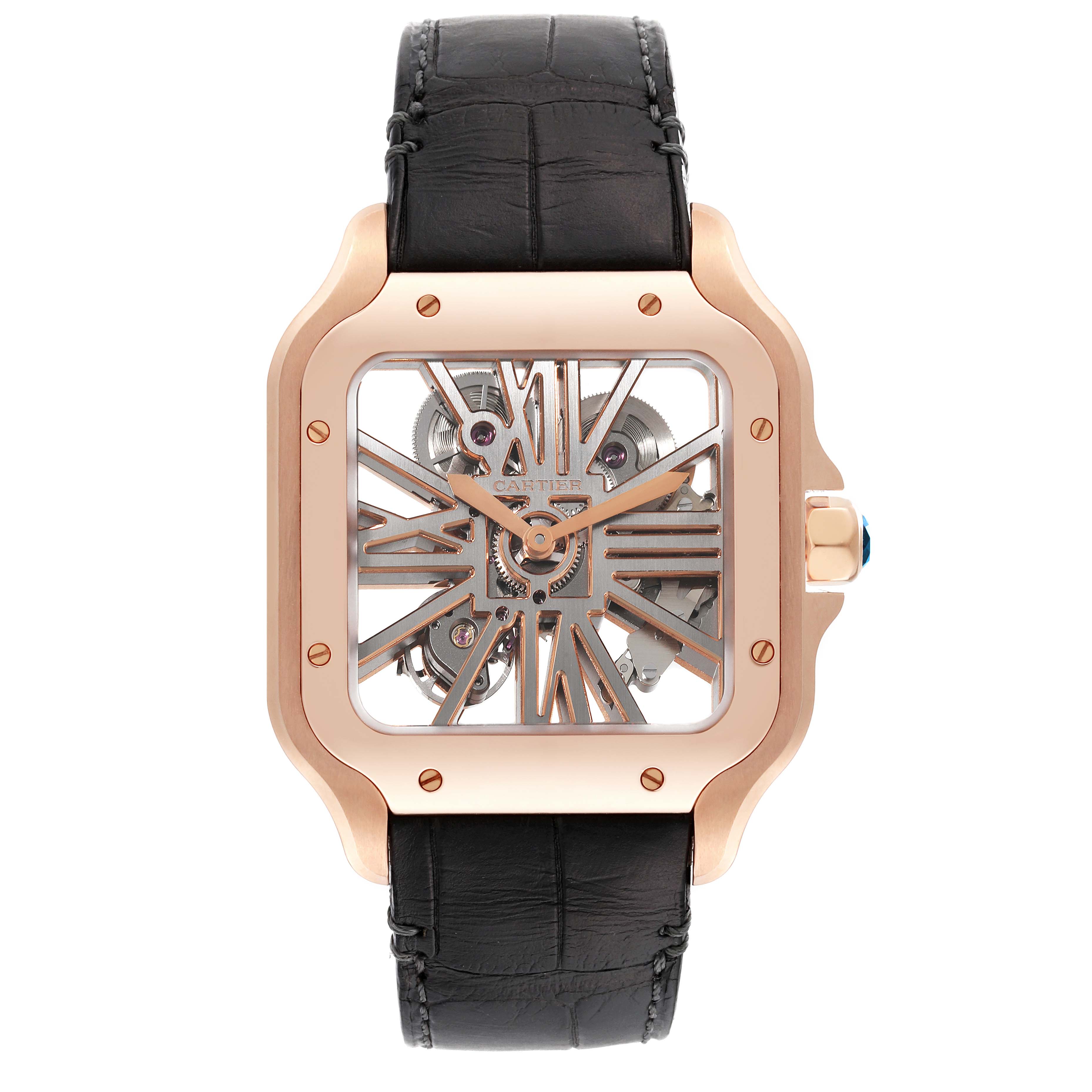 The image shows a front view of a Cartier Santos WHSA0010 Men's Rose Gold Transparent Dial WHSA0010 Men's Rose Gold Transparent Dial watch with a skeletonized dial and a black leather strap.