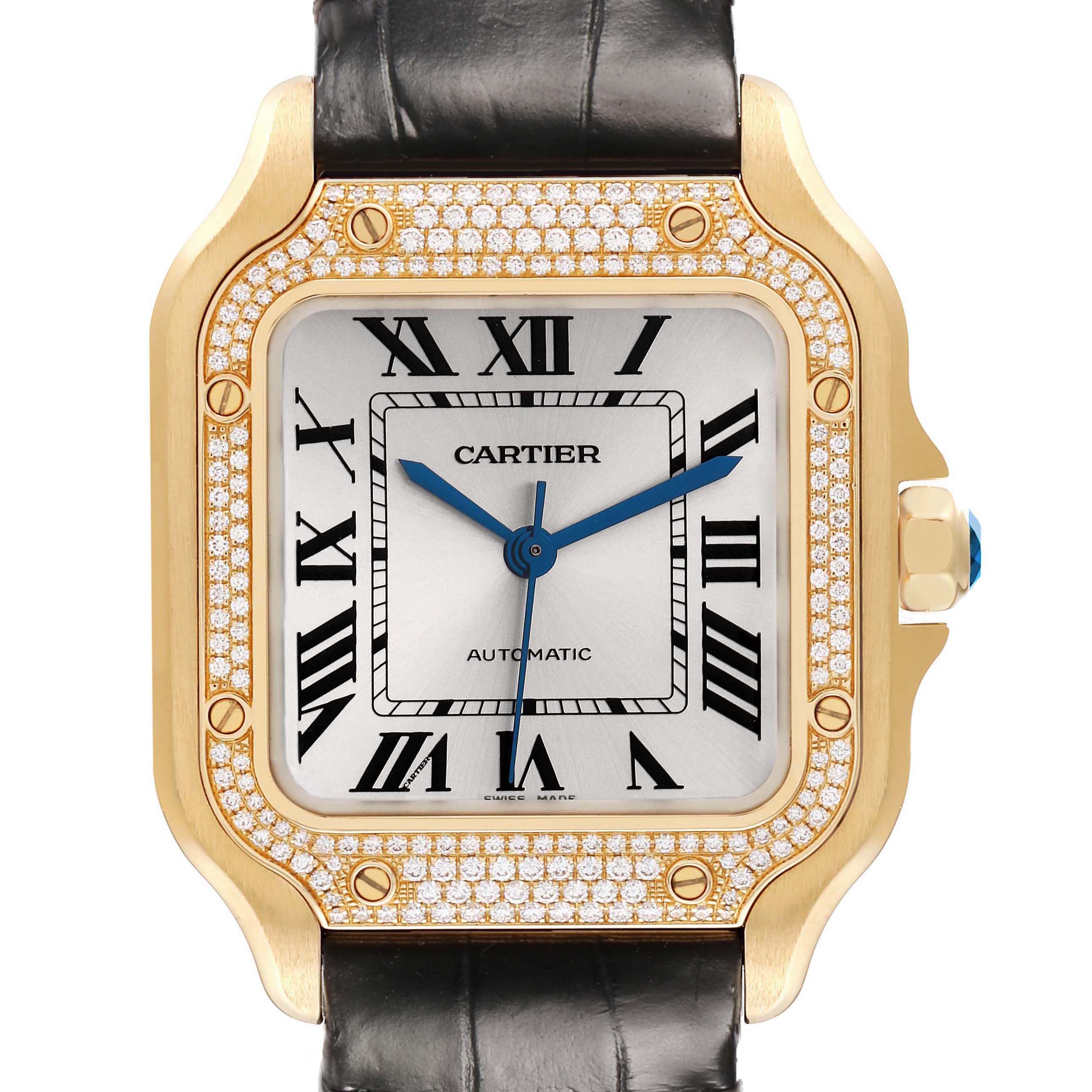 The Cartier Santos WJSA0008 Men's Yellow Gold Silver Dial watch is shown front-facing, highlighting its square dial, Roman numerals, and diamond-encrusted bezel.