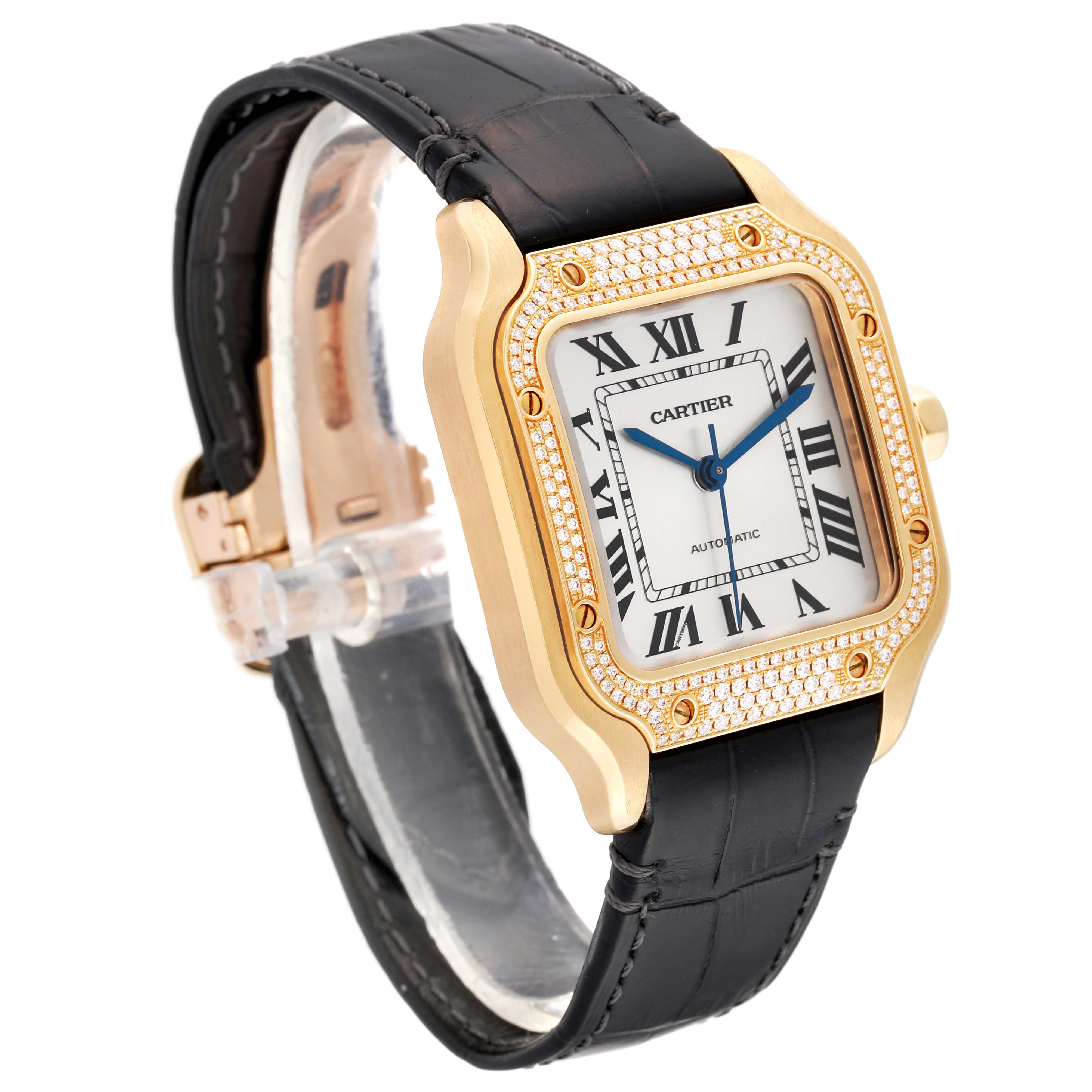 The image shows a Cartier Santos WJSA0008 Men's Yellow Gold Silver Dial WJSA0008 Men's Yellow Gold Silver Dial watch at a three-quarter angle, displaying the face, bezel, strap, and side.