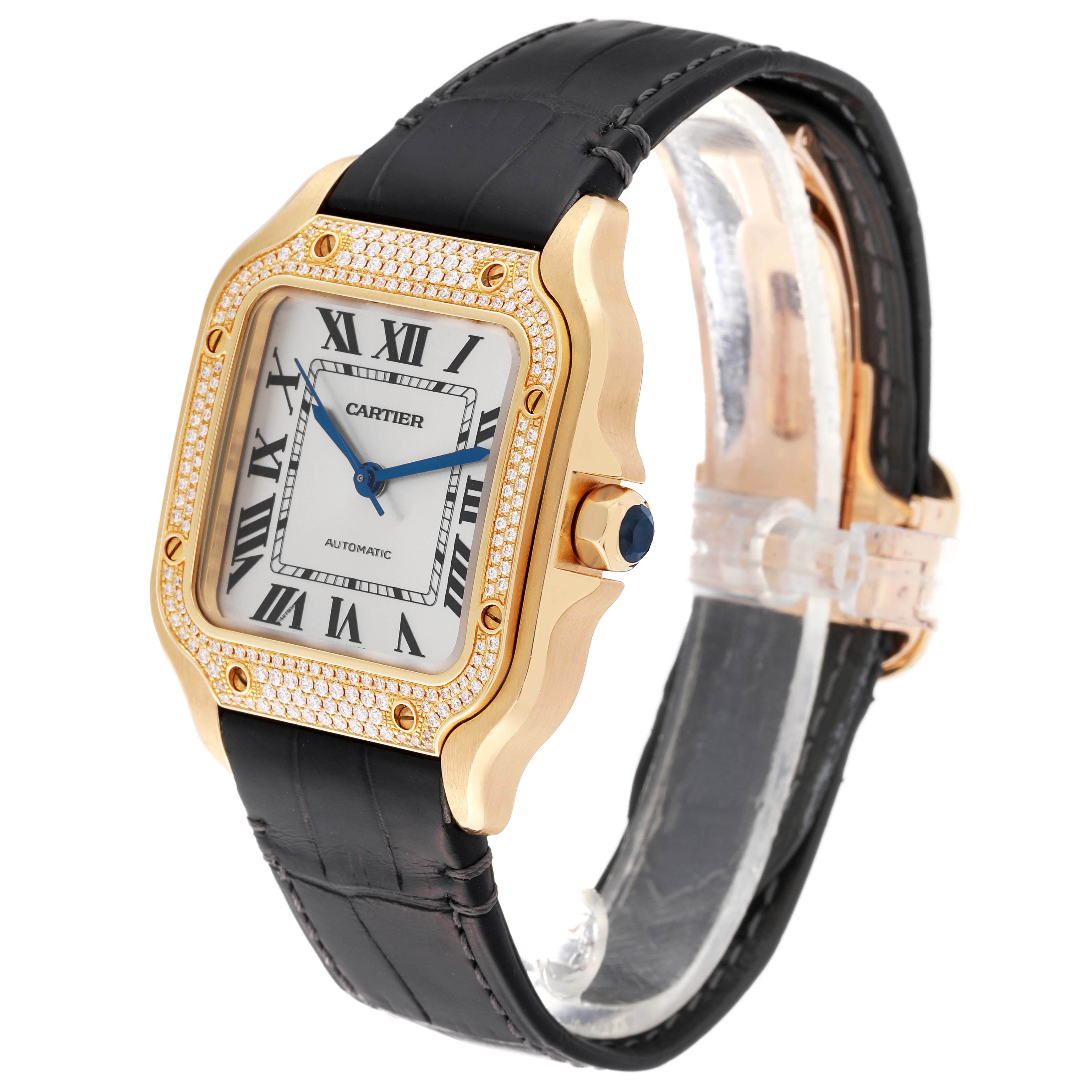 The image shows a Cartier Santos WJSA0008 Men's Yellow Gold Silver Dial WJSA0008 Men's Yellow Gold Silver Dial watch, angled to display the face, bezel, crown, strap, and clasp.