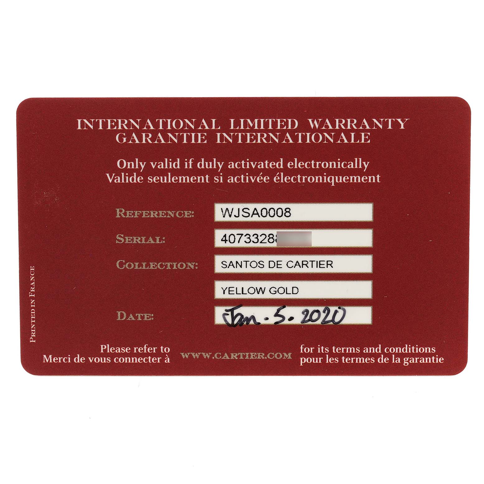 The image shows an International Limited Warranty card for a Cartier Santos WJSA0008 Men's Yellow Gold Silver Dial WJSA0008 Men's Yellow Gold Silver Dial de Cartier watch, including reference, serial, collection, and date details.
