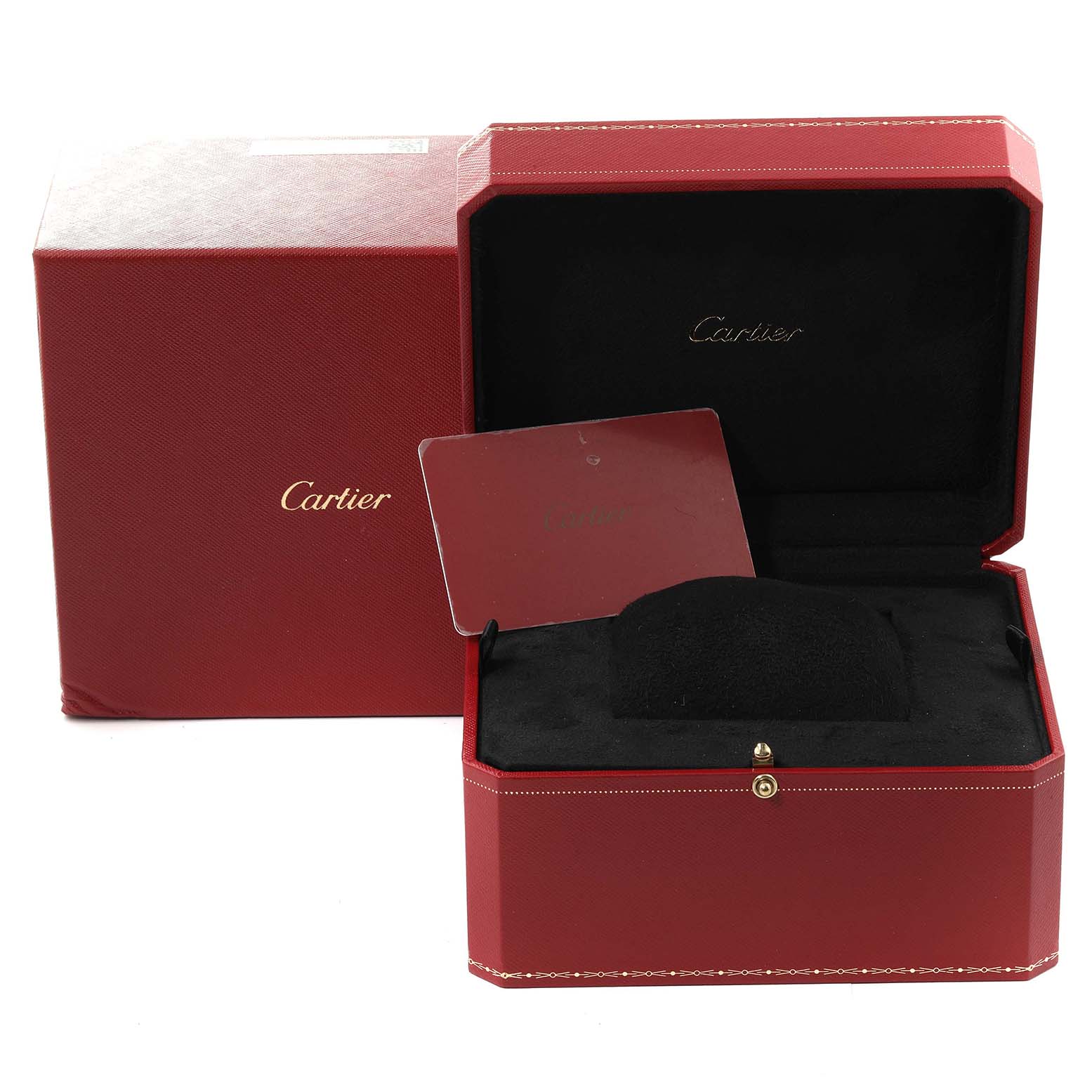 The image shows the open red presentation box and outer box for the Cartier Santos WJSA0008 Men's Yellow Gold Silver Dial WJSA0008 Men's Yellow Gold Silver Dial model watch.
