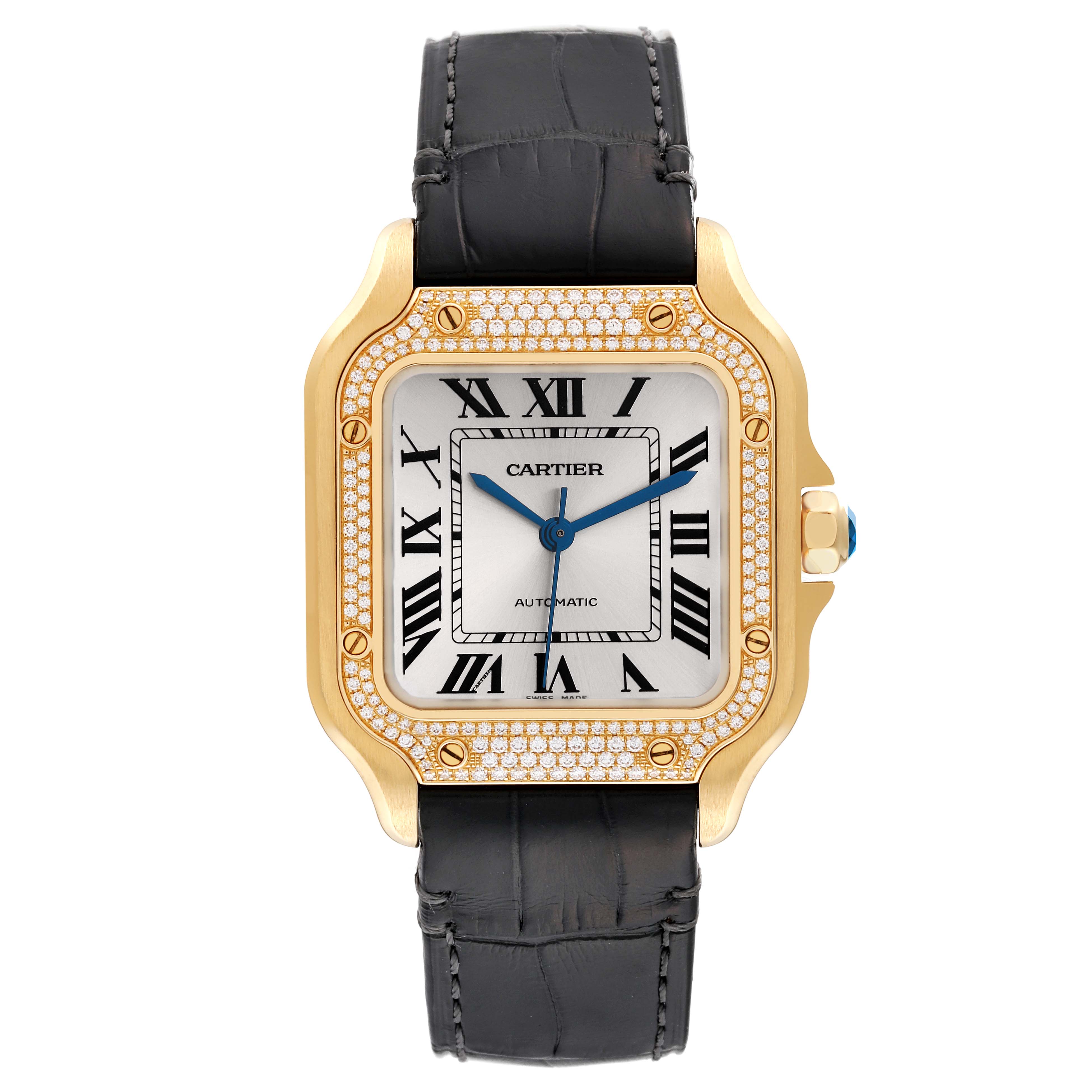 This Cartier Santos WJSA0008 Men's Yellow Gold Silver Dial WJSA0008 Men's Yellow Gold Silver Dial watch is shown from a front-facing angle, displaying the dial, bezel, case, and strap.