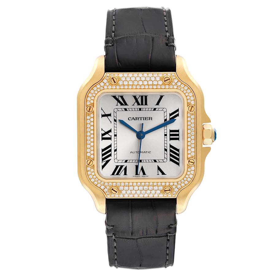 Cartier Santos Midsize Yellow Gold Diamond Mens Watch WJSA0008 Box Card SwissWatchExpo