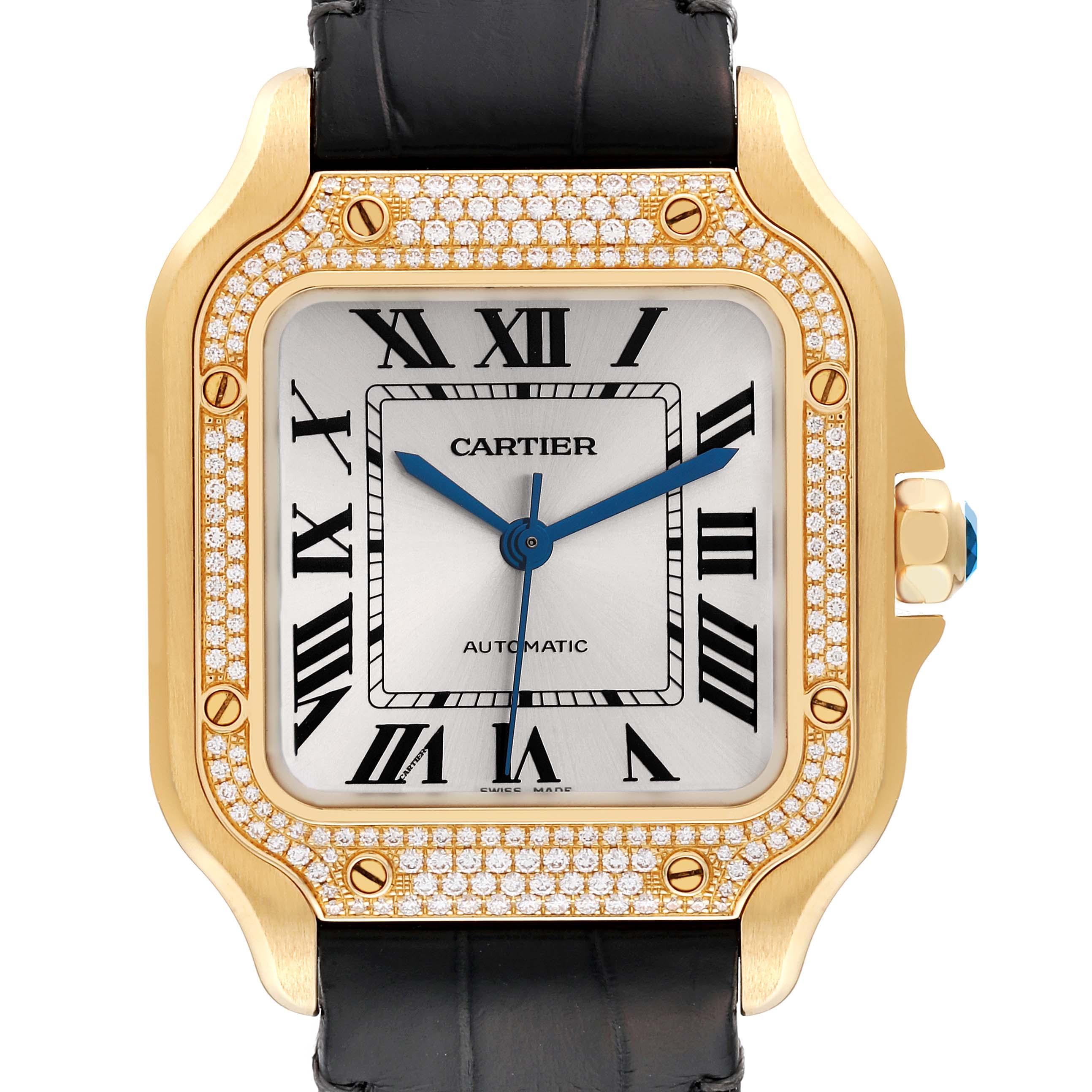The image shows a front view of the Cartier Santos WJSA0008 Men's Yellow Gold Silver Dial WJSA0008 Men's Yellow Gold Silver Dial watch, featuring a gold case, diamond bezel, and black leather strap.