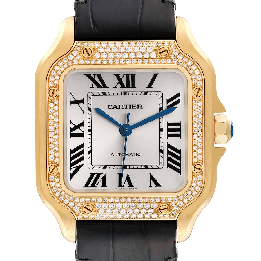 Cartier Santos Midsize Yellow Gold Diamond Mens Watch WJSA0008 Box Card SwissWatchExpo