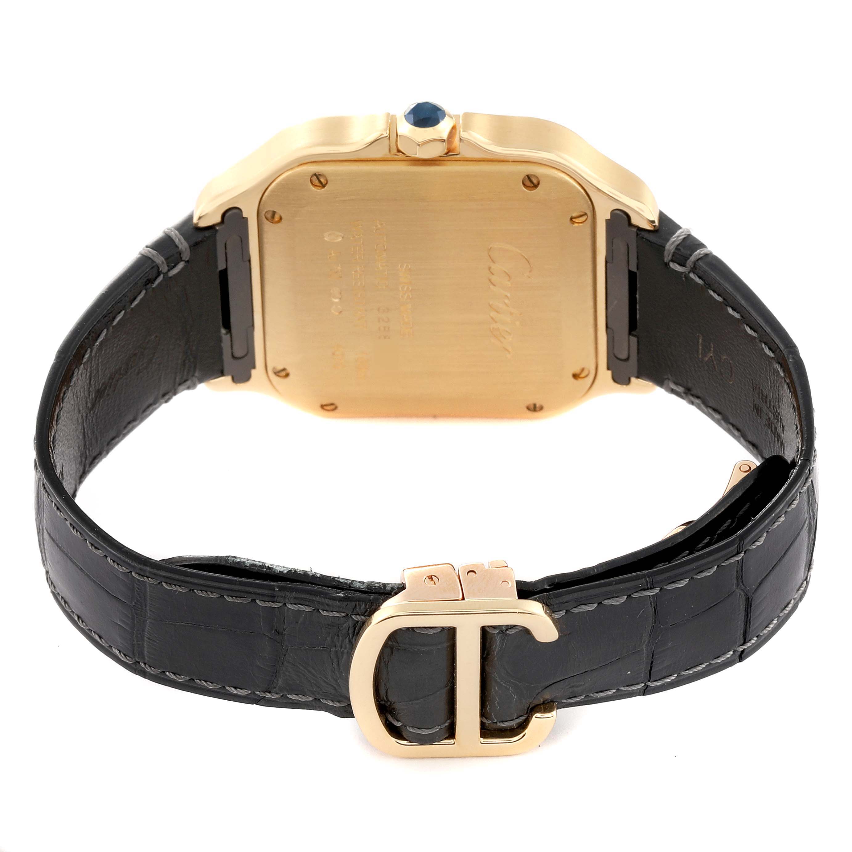 This image shows the back of a Cartier Santos WJSA0008 Men's Yellow Gold Silver Dial WJSA0008 Men's Yellow Gold Silver Dial watch, highlighting the case back and black leather strap with a gold buckle.