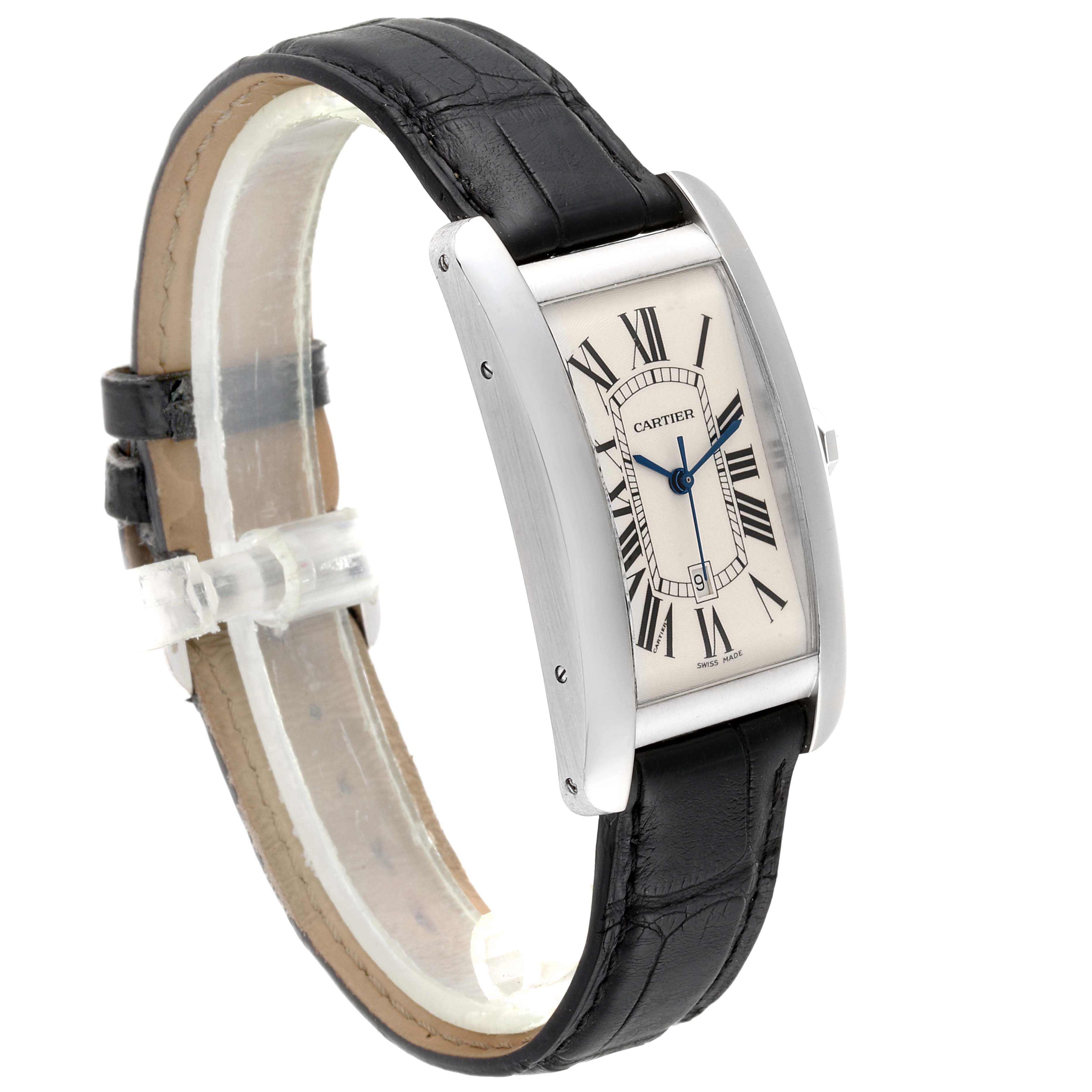 The image shows a Cartier Tank Americaine W2603256 Men's White Gold Silver Dial W2603256 Men's White Gold Silver Dial watch in a three-quarter view, highlighting its face, Roman numerals, and black leather strap.