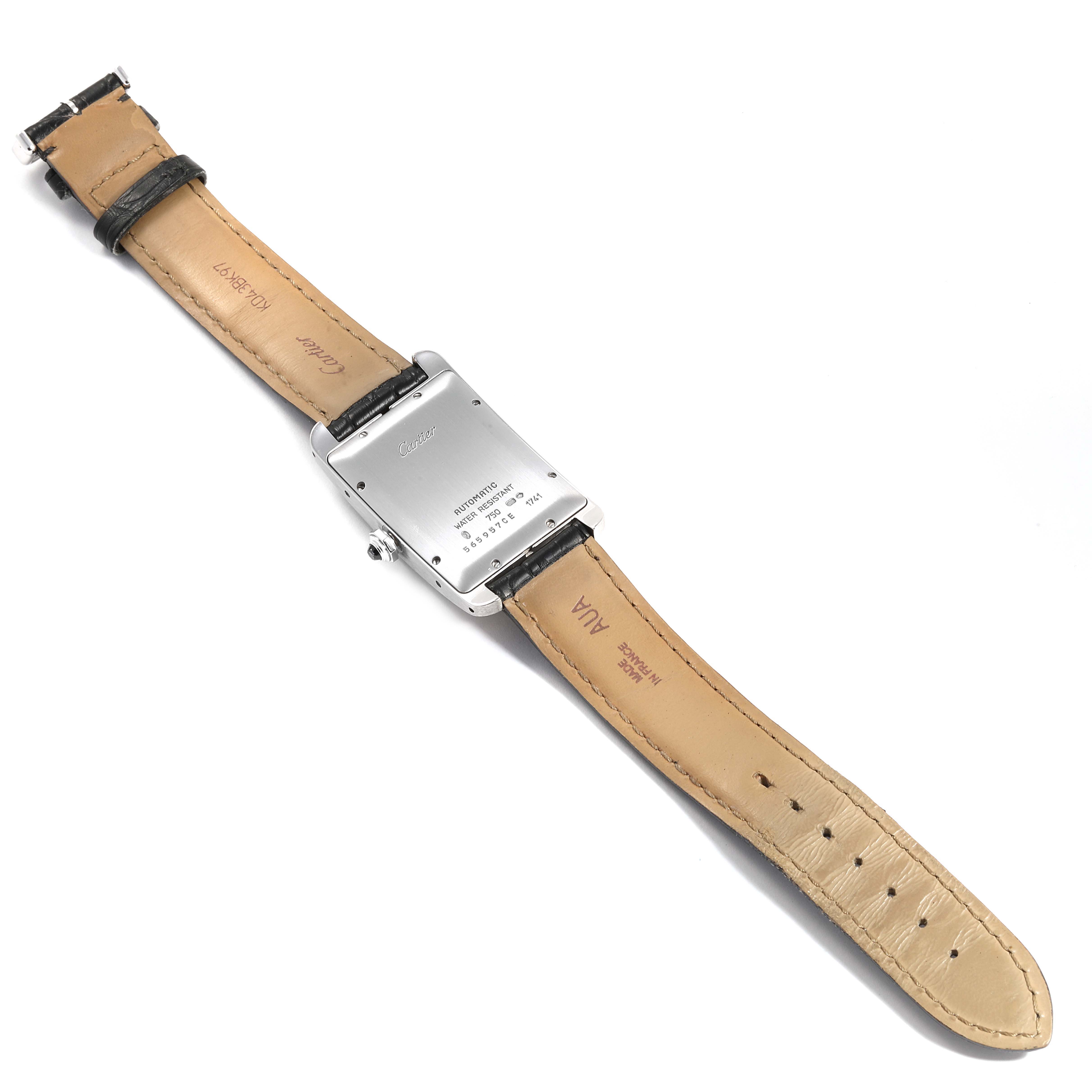 This image shows the back view of a Cartier Tank Americaine W2603256 Men's White Gold Silver Dial W2603256 Men's White Gold Silver Dial watch, displaying the leather strap and back case.