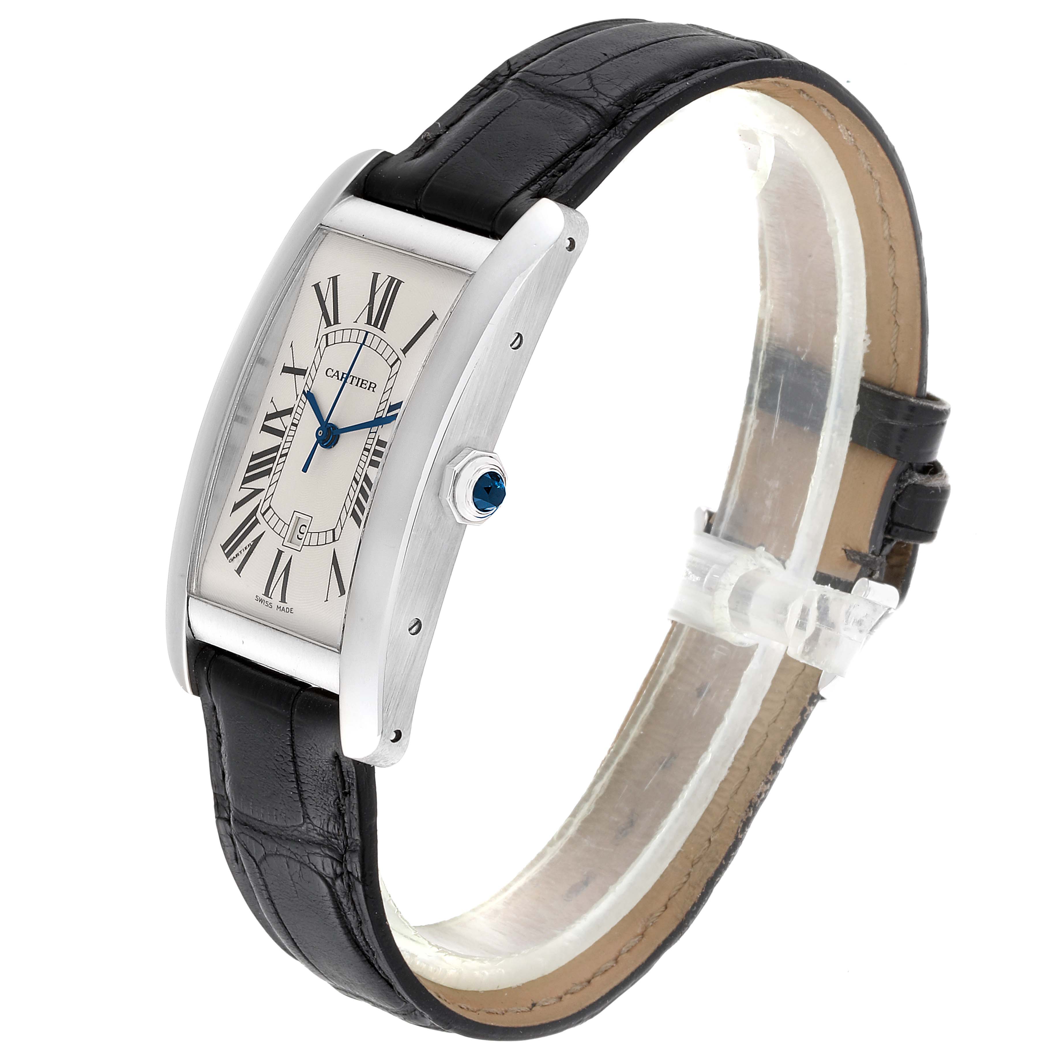 The Cartier Tank Americaine W2603256 Men's White Gold Silver Dial W2603256 Men's White Gold Silver Dial watch is shown at a slight angle, displaying its rectangular dial, black leather strap, and crown with blue cabochon.