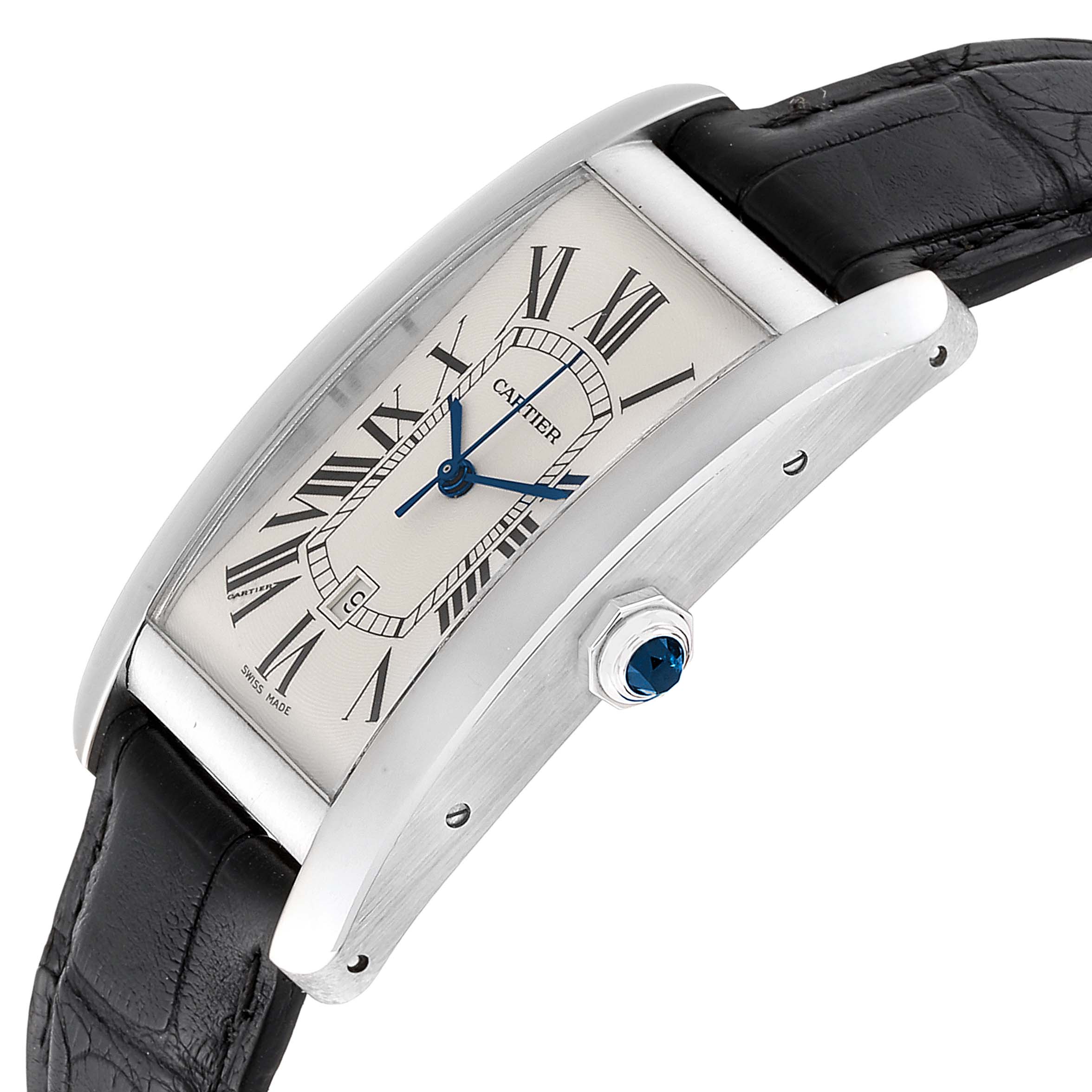 The image shows a side angle of the Tank Americaine watch by Cartier, highlighting the crown and part of the strap.