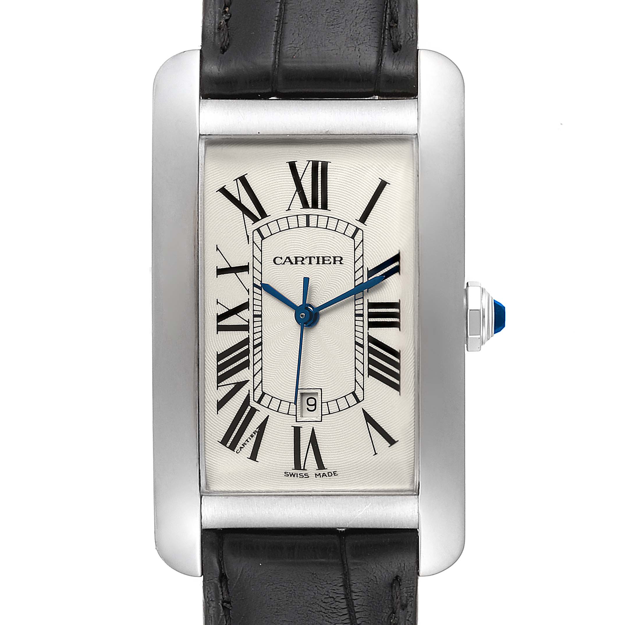 The image shows a frontal view of the Cartier Tank Americaine W2603256 Men's White Gold Silver Dial W2603256 Men's White Gold Silver Dial watch, displaying its rectangular face, roman numerals, and leather strap.