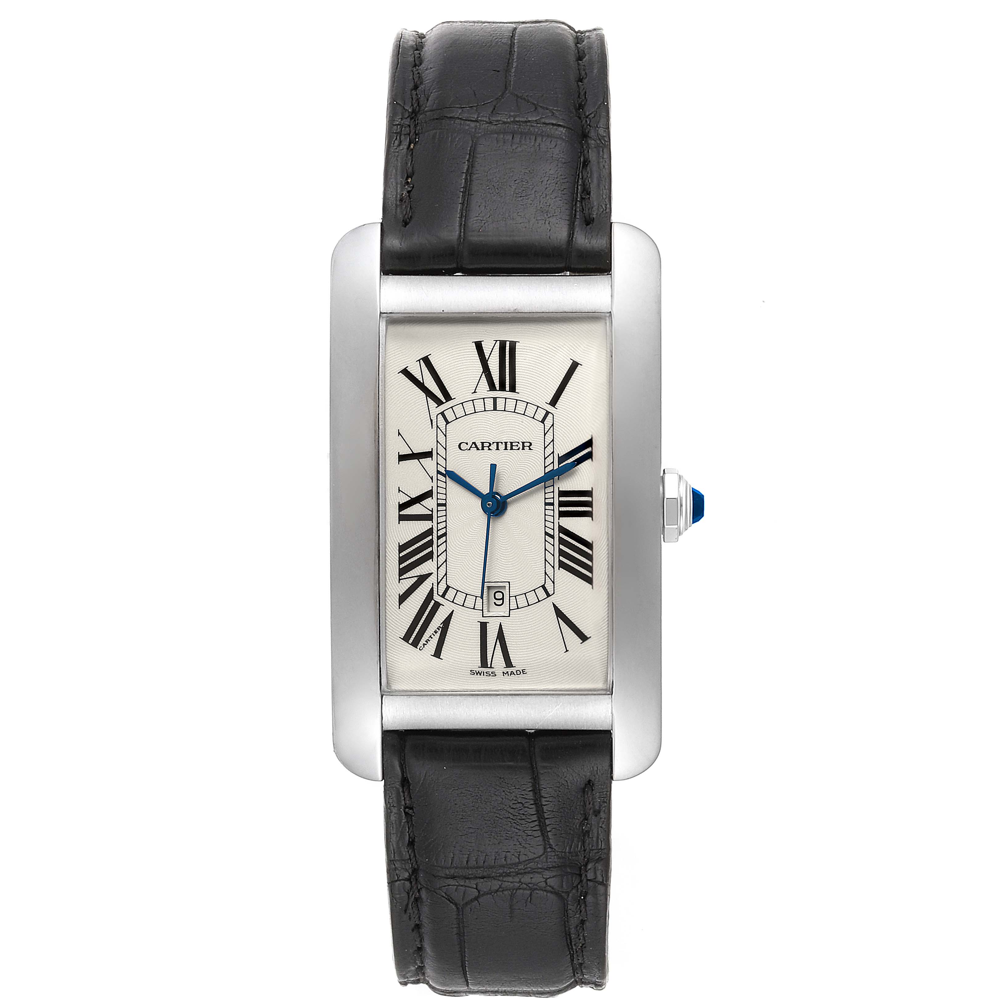 This is a front view of the Cartier Tank Americaine W2603256 Men's White Gold Silver Dial W2603256 Men's White Gold Silver Dial watch, showing its face, strap, bezel, and crown.