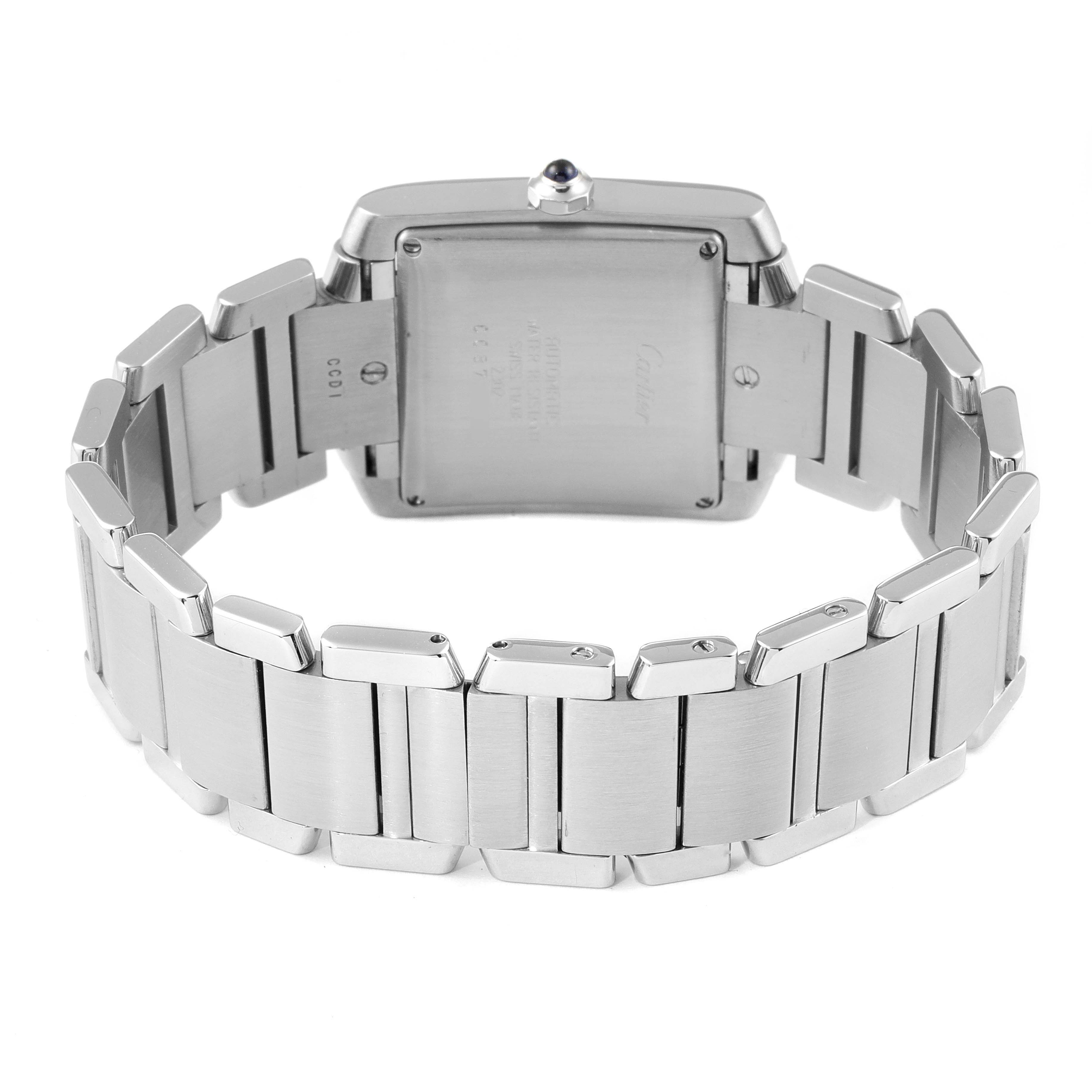 The image shows the back view of a Cartier Tank Francaise W51002Q3 Men's Stainless Steel Silver Dial W51002Q3 Men's Stainless Steel Silver Dial watch, highlighting the stainless steel bracelet and case back.