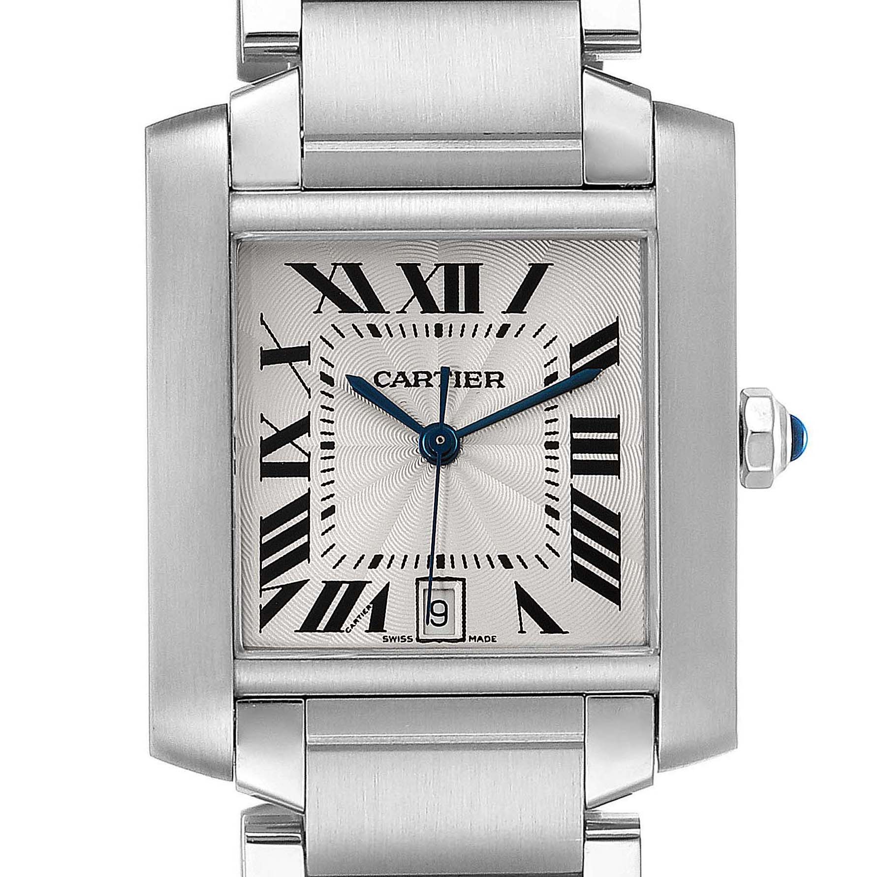 The image shows a front view of the Cartier Tank Francaise W51002Q3 Men's Stainless Steel Silver Dial W51002Q3 Men's Stainless Steel Silver Dial watch displaying the face, crown, and part of the bracelet.