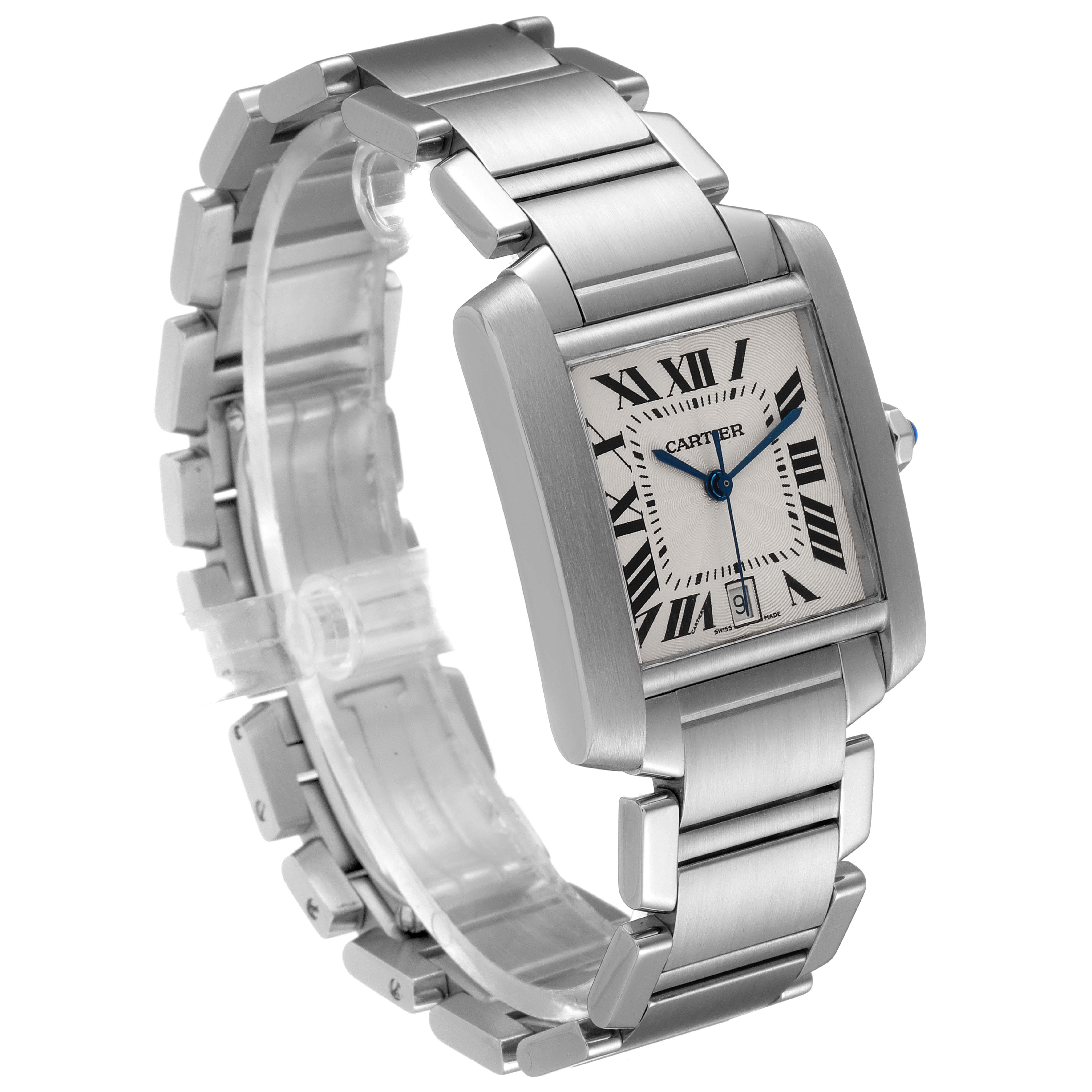 This image shows a front angle of the Cartier Tank Francaise W51002Q3 Men's Stainless Steel Silver Dial W51002Q3 Men's Stainless Steel Silver Dial watch, highlighting its stainless steel bracelet and square dial.