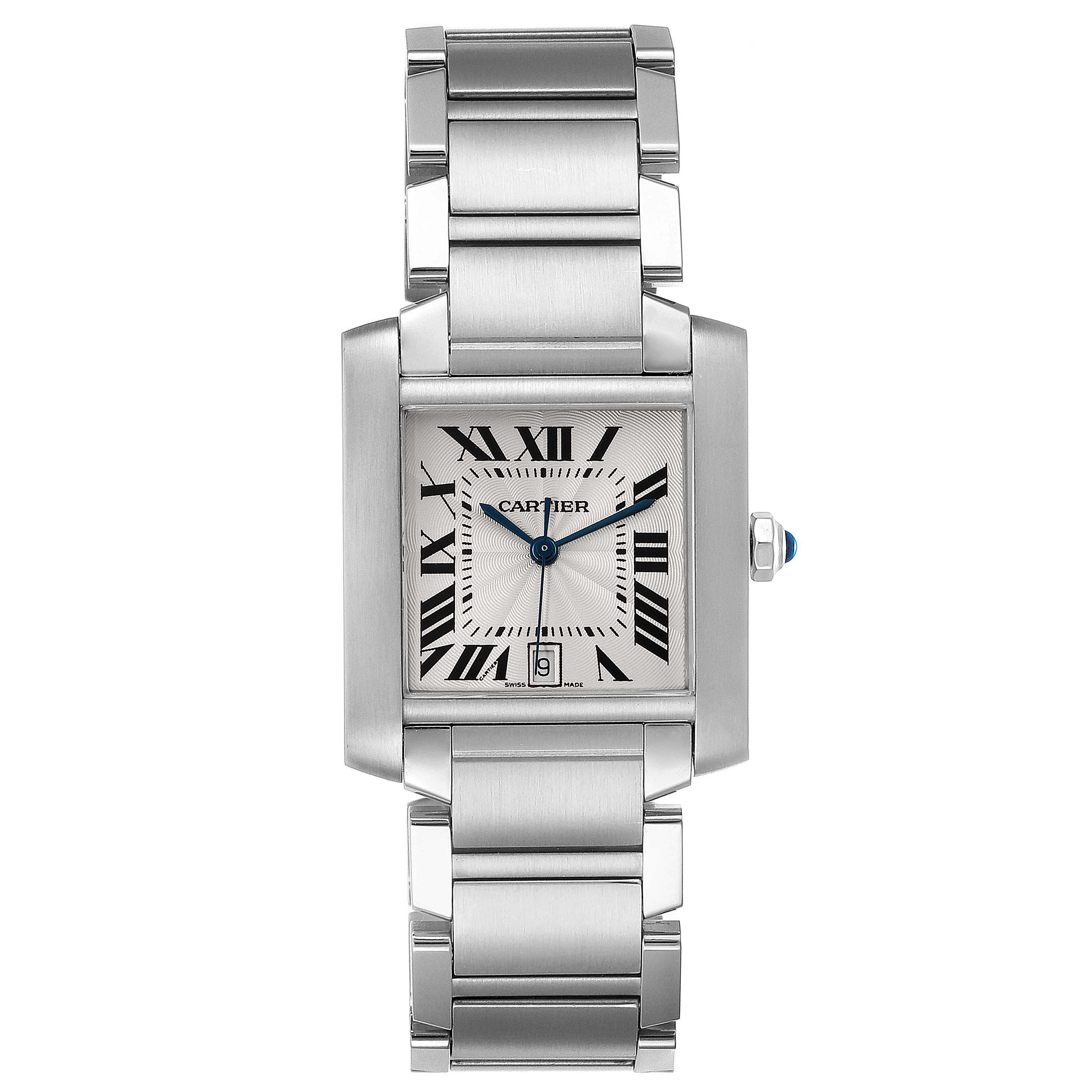 This image shows a straight-on view of a Cartier Tank Française watch, detailing its face and metal bracelet.
