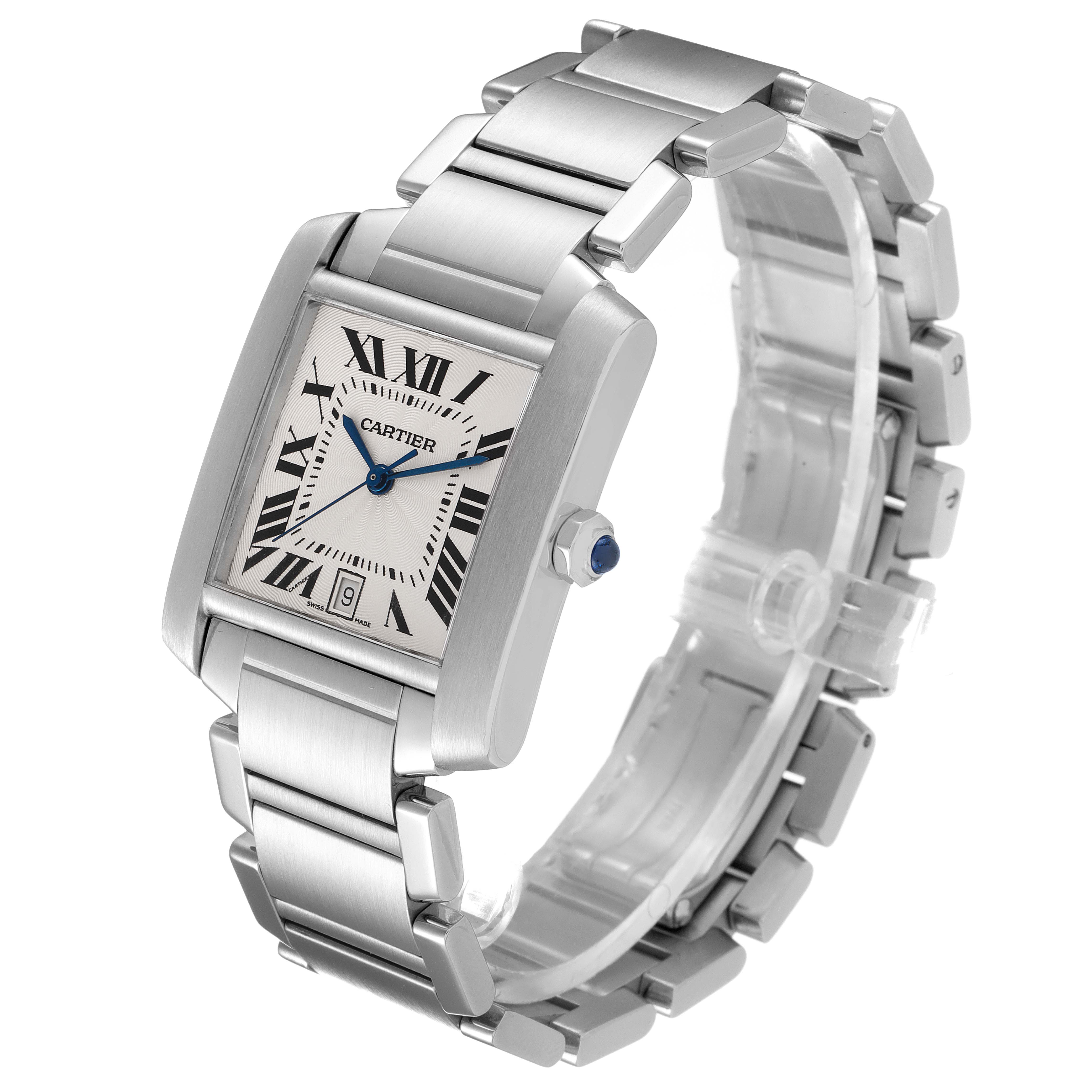 The image depicts a Cartier Tank Française watch at a slight angle, showcasing its stainless steel bracelet, rectangular dial, and crown.