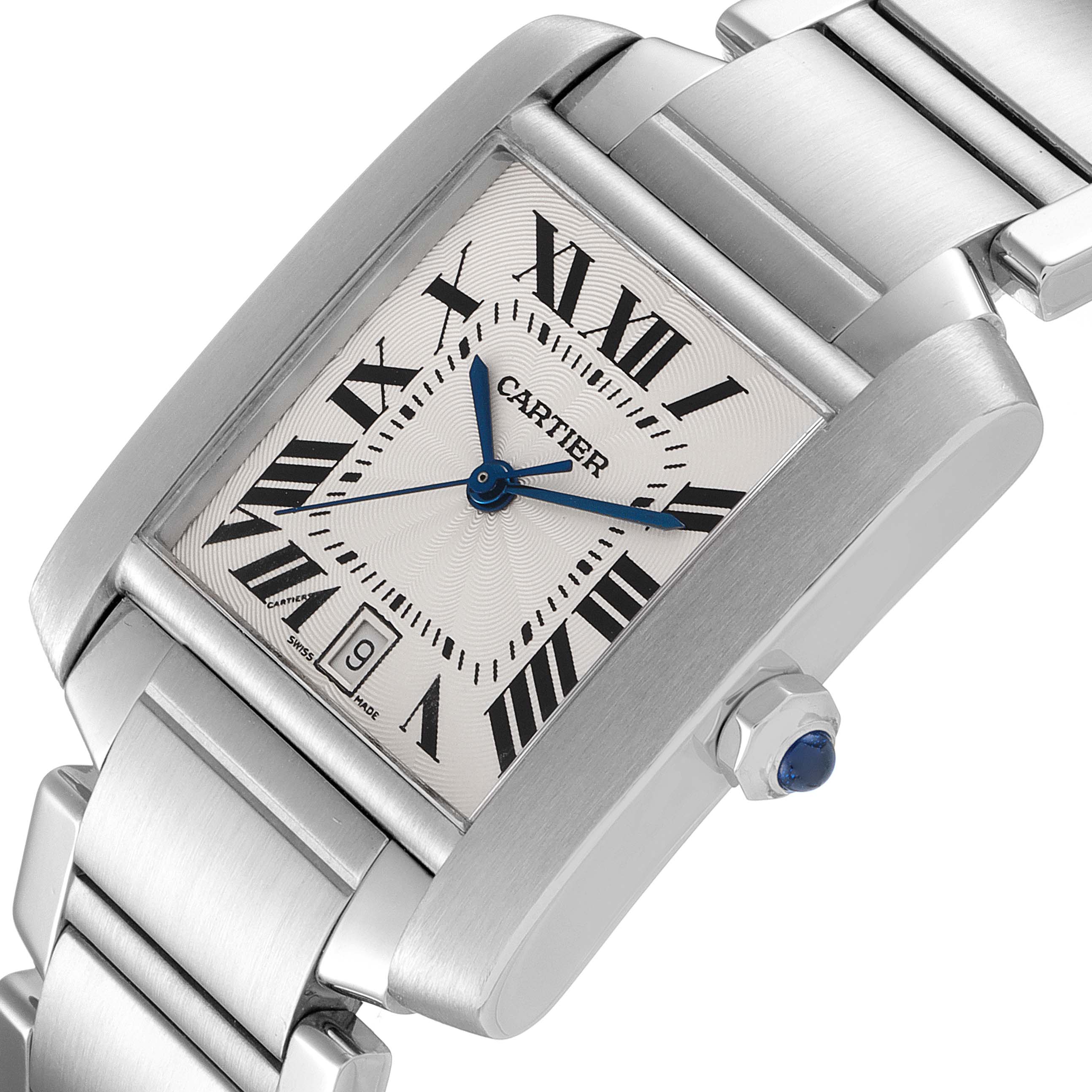 The image shows a top view of the Cartier Tank Francaise W51002Q3 Men's Stainless Steel Silver Dial W51002Q3 Men's Stainless Steel Silver Dial watch displaying its dial, case, crown, and part of the bracelet.