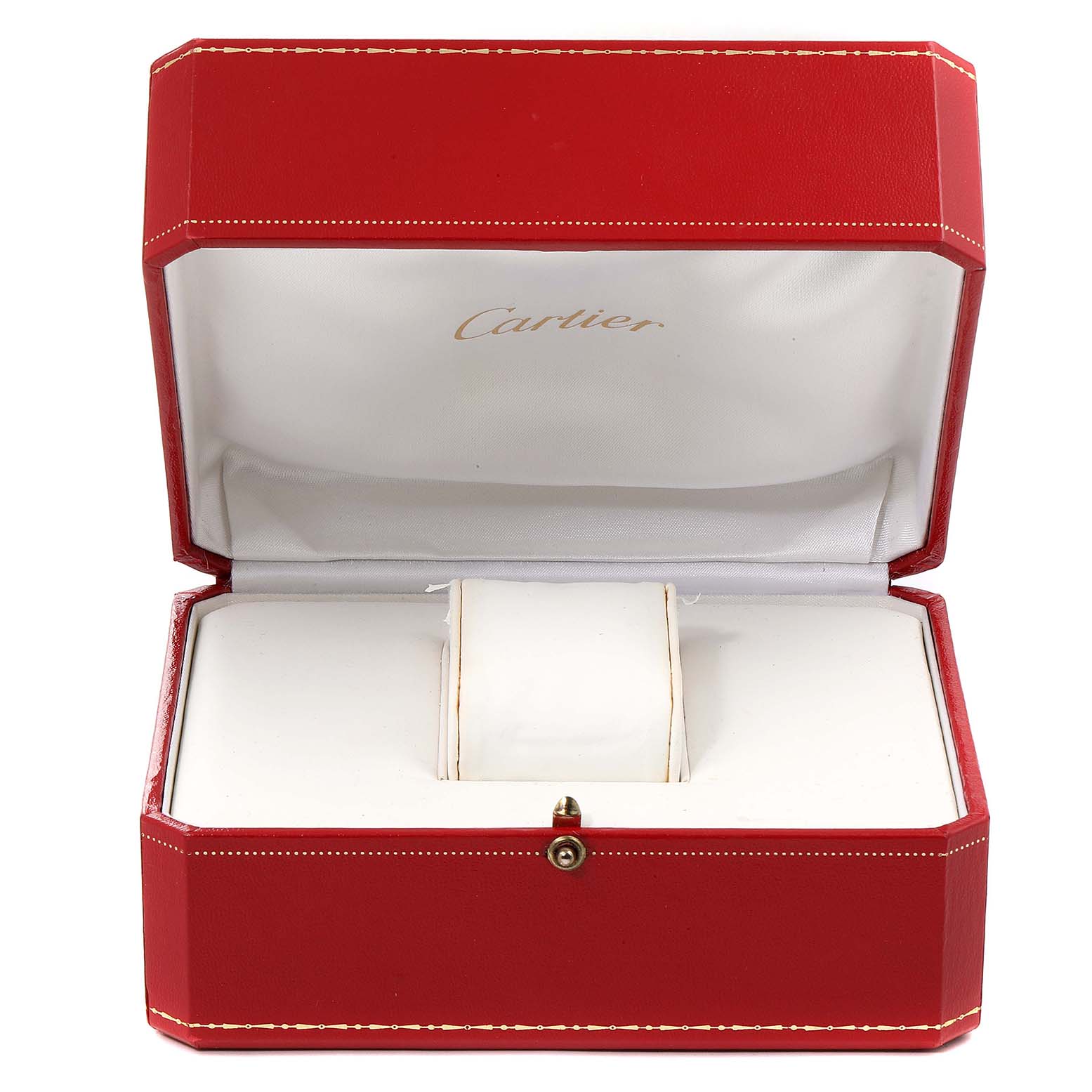 The image shows an open red Cartier watch box for the Tank Francaise model, without the watch inside.