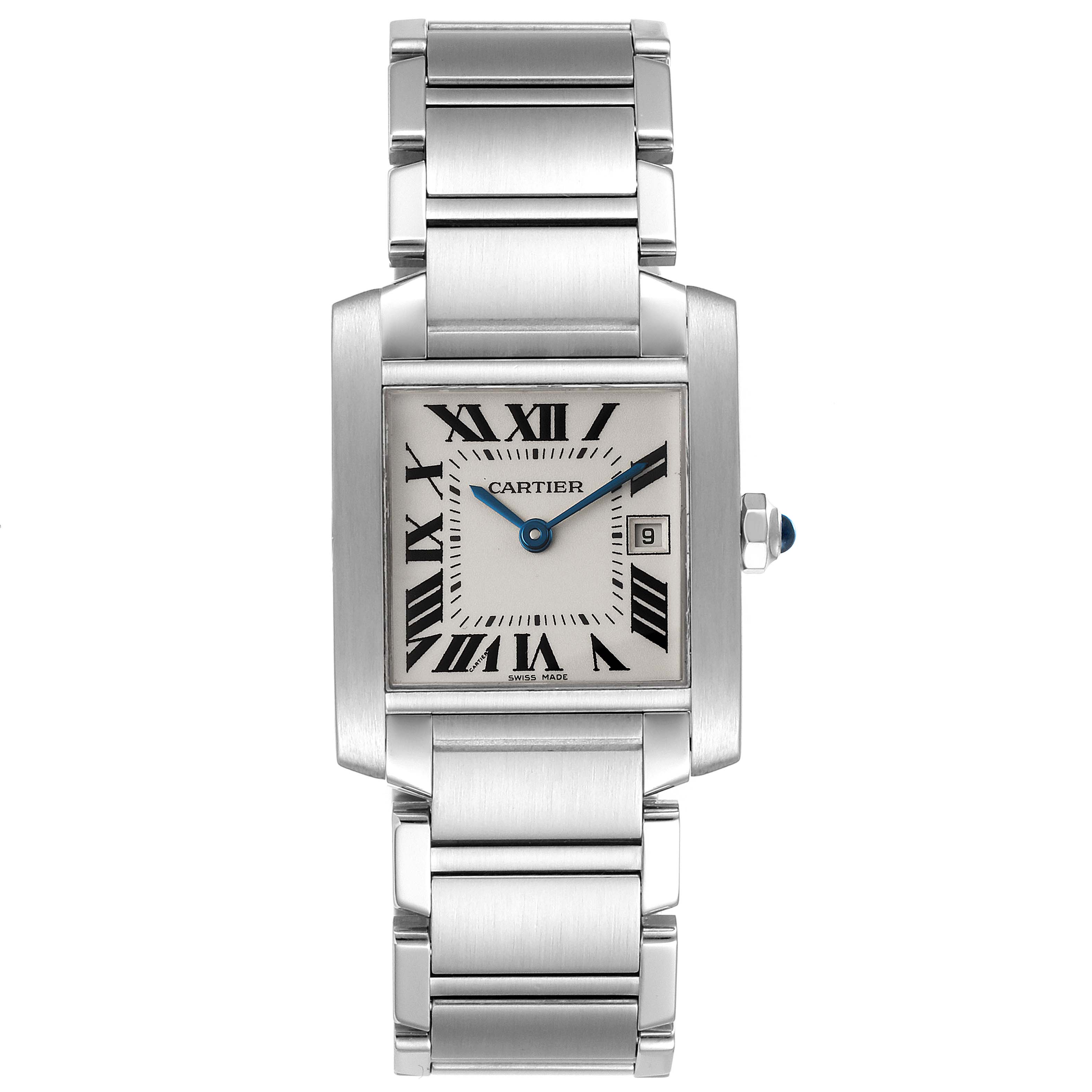 This image shows a front view of the Cartier Tank Française watch, displaying its face, bracelet, crown, and blue hands.