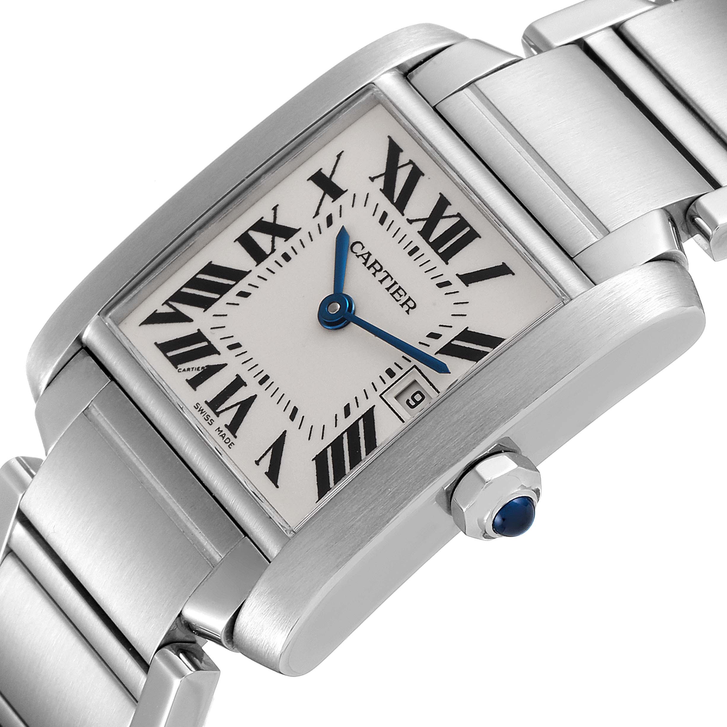 This image shows a close-up angle of a Cartier Tank Francaise W51011Q3 Women's Stainless Steel Silver Dial W51011Q3 Women's Stainless Steel Silver Dial watch, highlighting the face, crown, and bracelet.