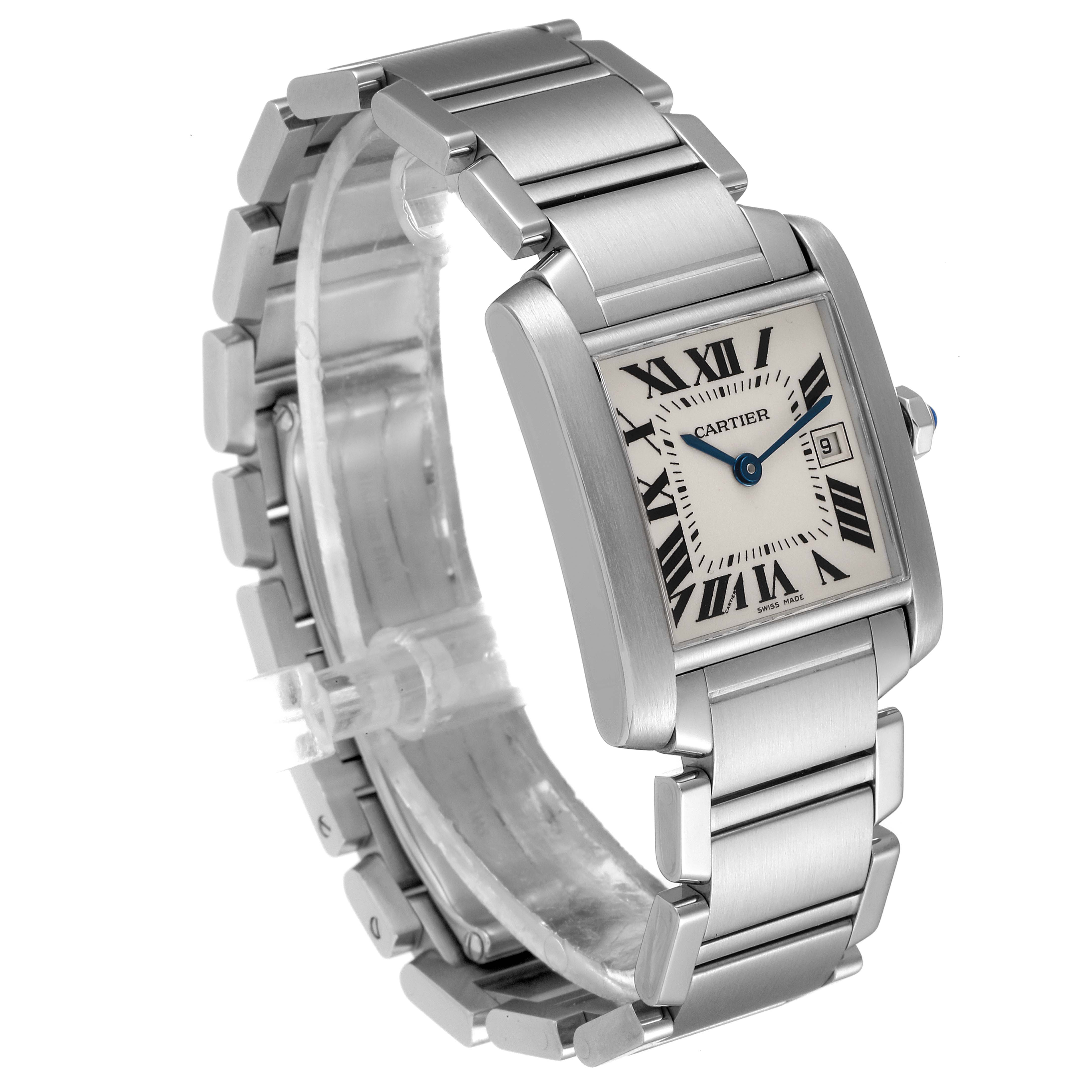 The image shows a front-right angle view of a Cartier Tank Francaise W51011Q3 Women's Stainless Steel Silver Dial W51011Q3 Women's Stainless Steel Silver Dial watch, displaying the face, bezel, and part of the metal bracelet.