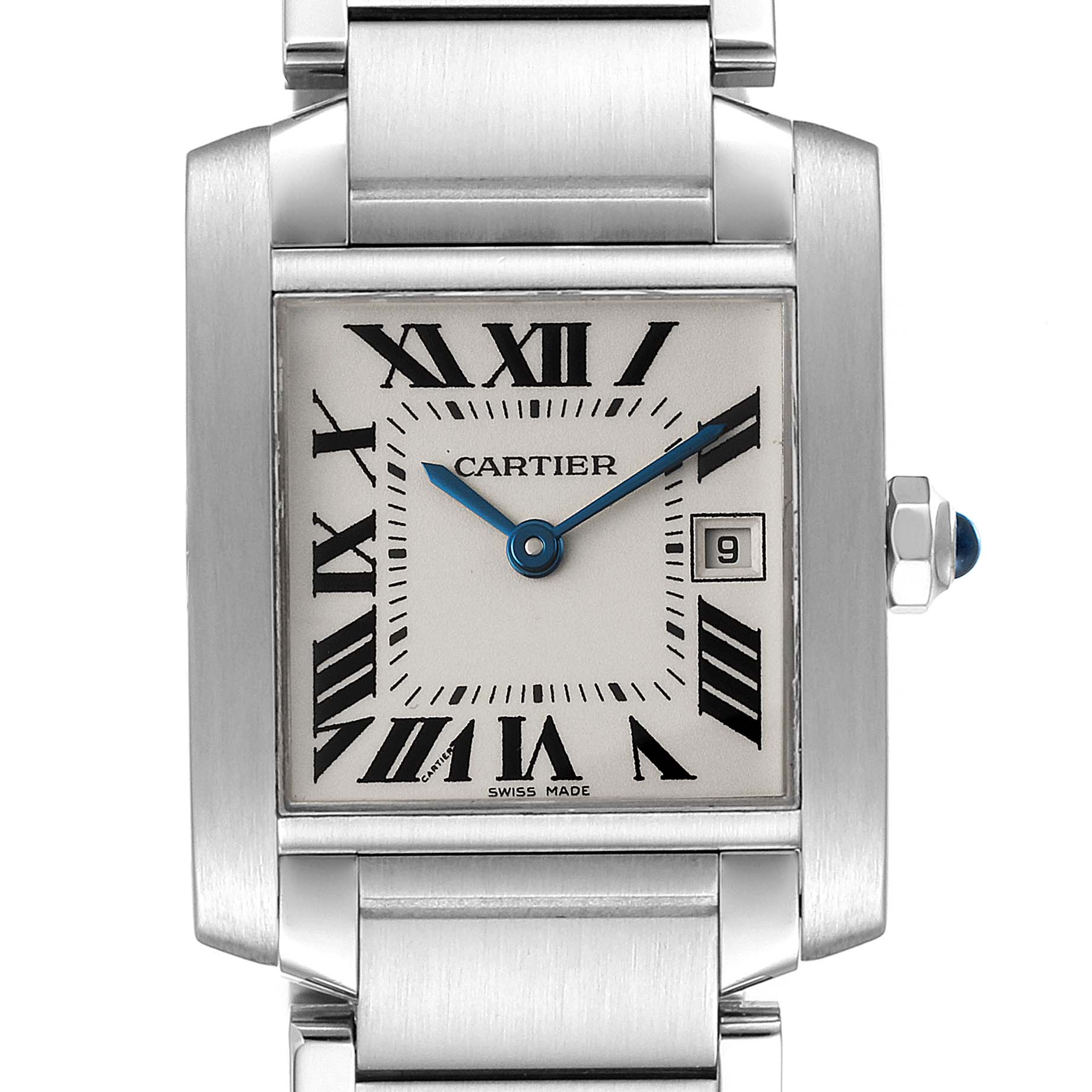 This image shows the face of a Cartier Tank Francaise W51011Q3 Women's Stainless Steel Silver Dial W51011Q3 Women's Stainless Steel Silver Dial watch, including its Roman numerals, date window, and part of its stainless steel bracelet.