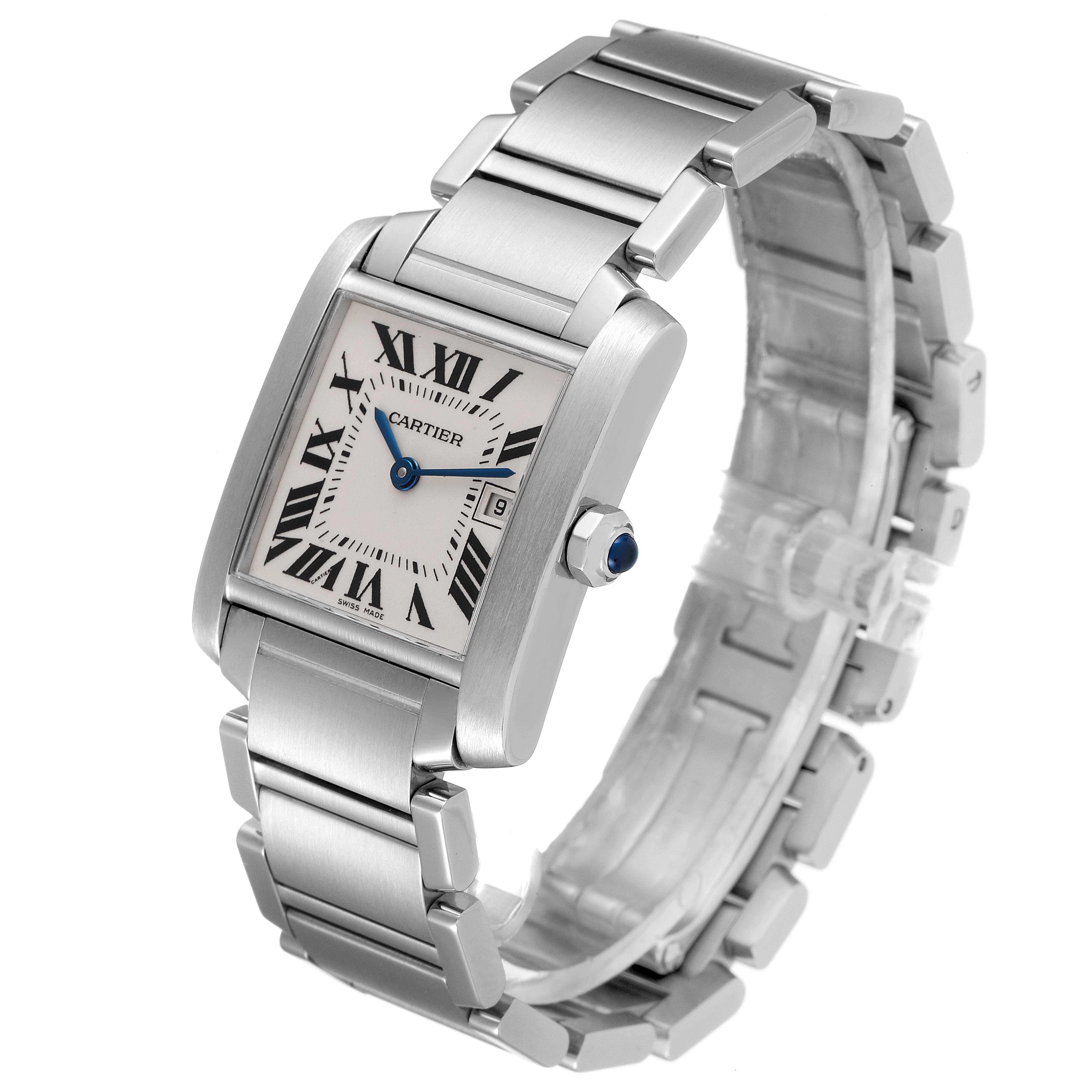 The Cartier Tank Francaise W51011Q3 Women's Stainless Steel Silver Dial W51011Q3 Women's Stainless Steel Silver Dial watch is shown at a slight angle, displaying the face, side, and metal bracelet.